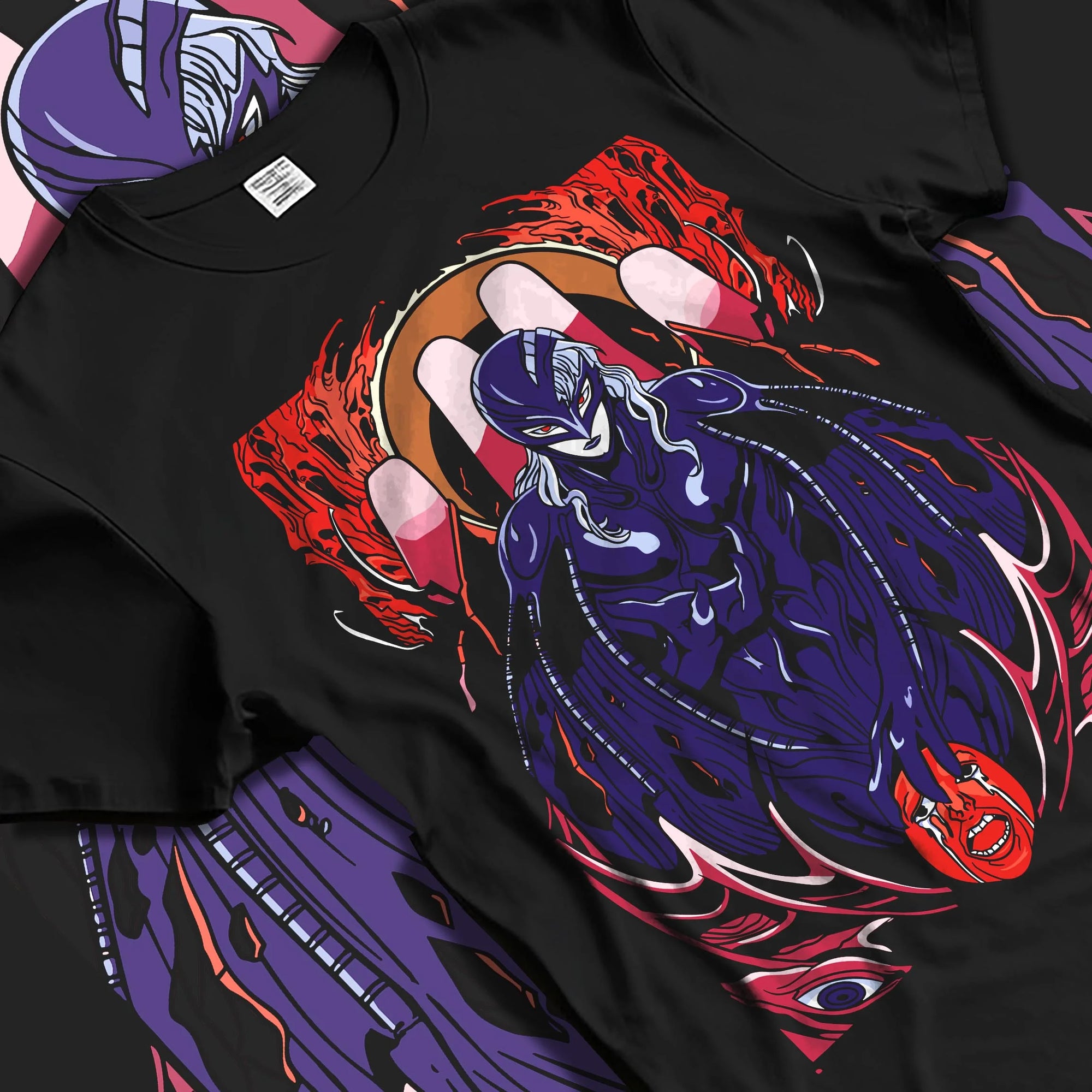 Black T-shirt laid flat with natural folds, featuring Griffith from Berserk with Japanese animation streetwear dark villain design.