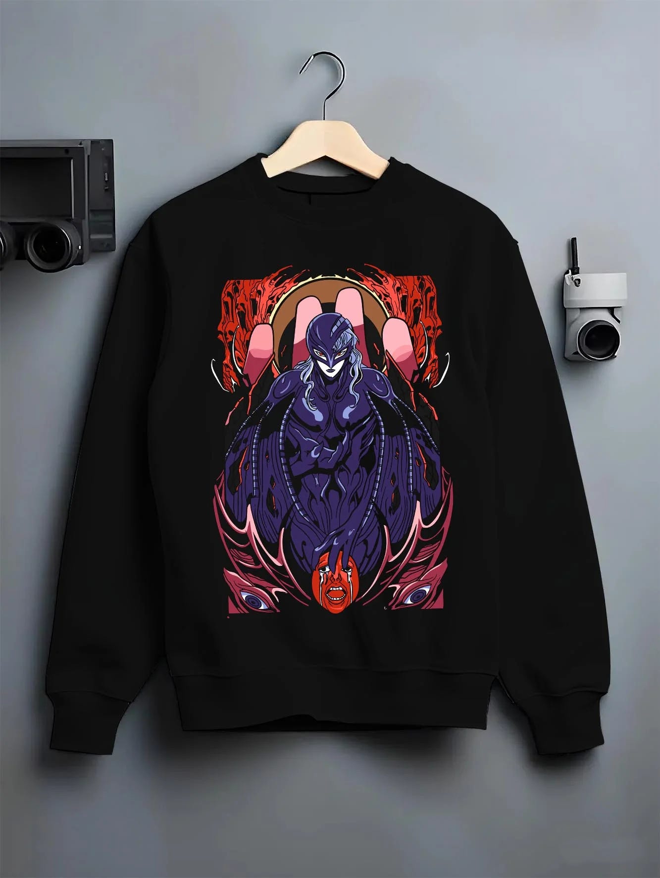Black crewneck sweatshirt on hanger, showcasing Berserk Griffith anime poster inspired artwork with gothic dark fantasy streetwear motif.