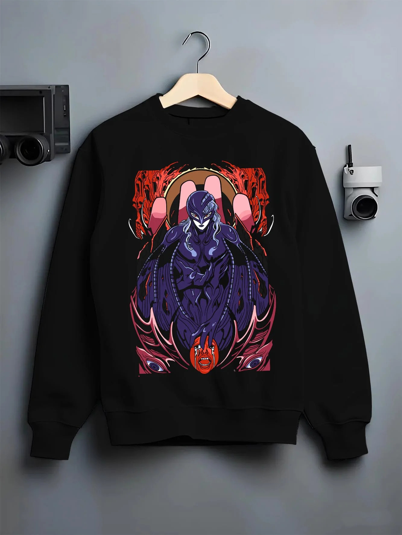 Black crewneck sweatshirt on hanger, showcasing Berserk Griffith anime poster inspired artwork with gothic dark fantasy streetwear motif.