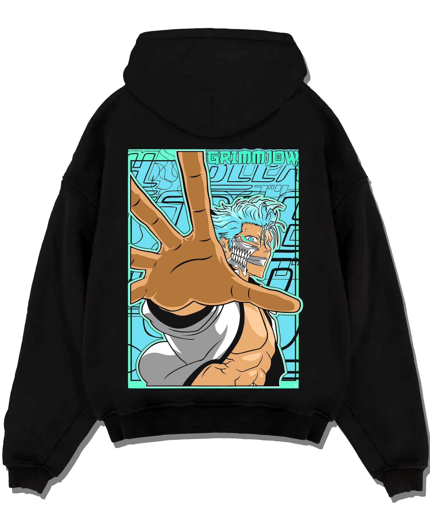 Black pullover hoodie laid flat with Bleach Hoodie Grimmjow Jaegerjaquez Panther Jumper graphic streetwear graphic.