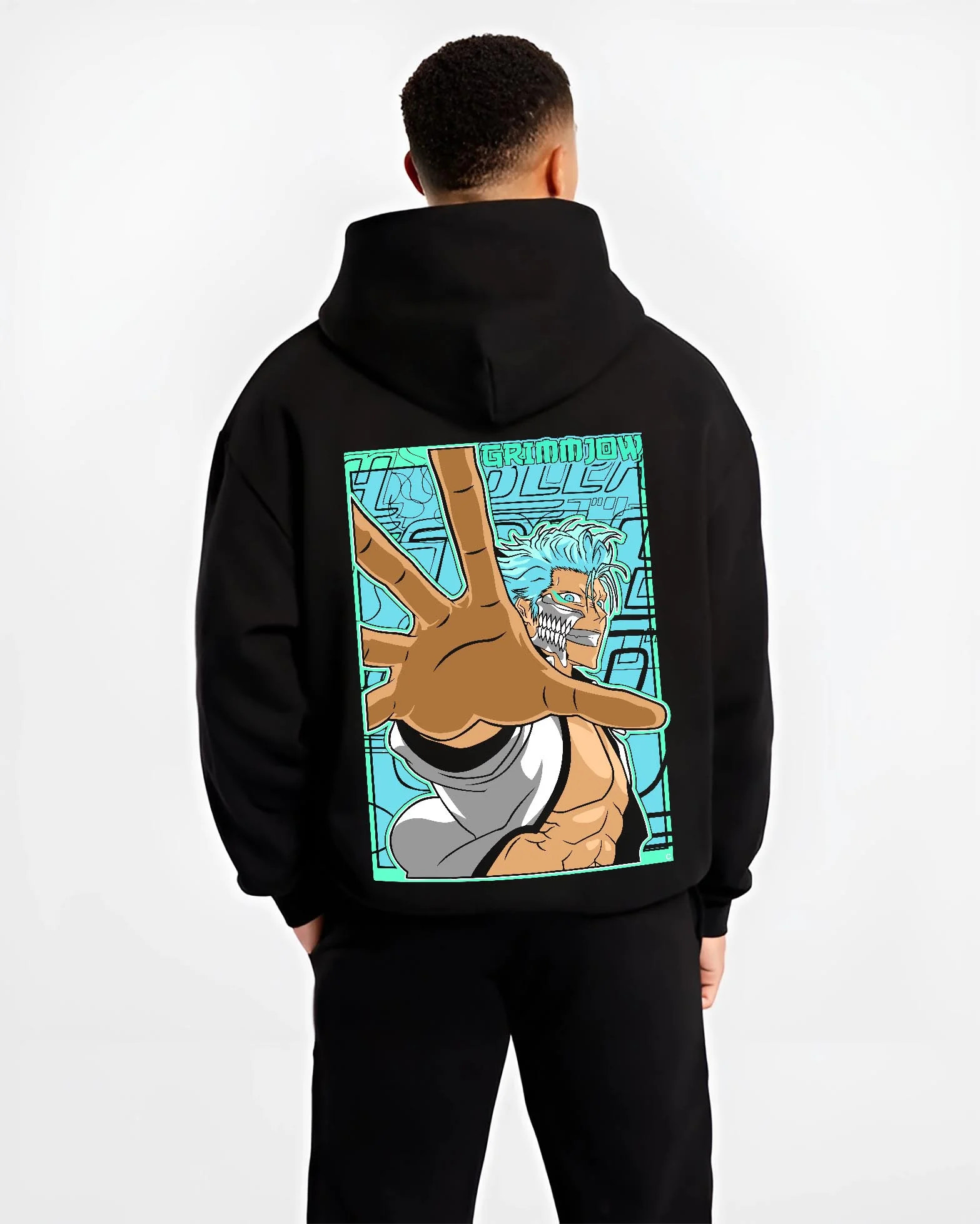 Black hoodie worn by male model, back view with Bleach Hoodie Grimmjow Jaegerjaquez Panther Jumper graphic premium wear.