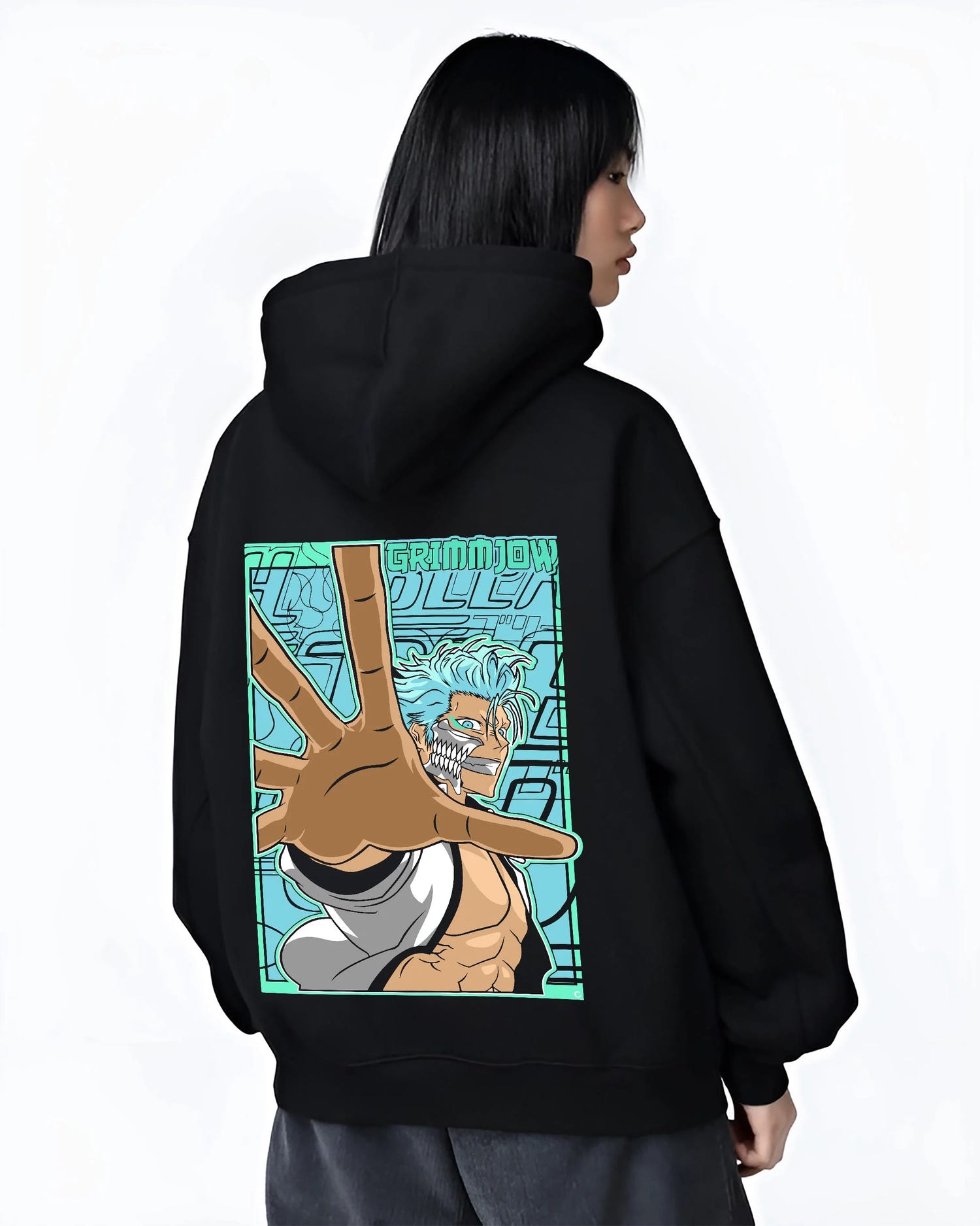Black hoodie worn by female model, back view with Bleach Hoodie Grimmjow Jaegerjaquez Panther Jumper graphic streetwear graphic.