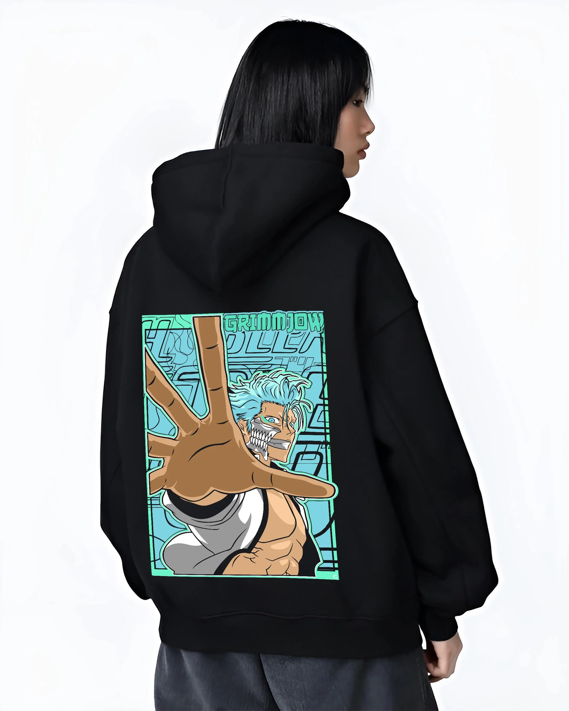 Black hoodie worn by female model, back view with Bleach Hoodie Grimmjow Jaegerjaquez Panther Jumper graphic streetwear graphic.