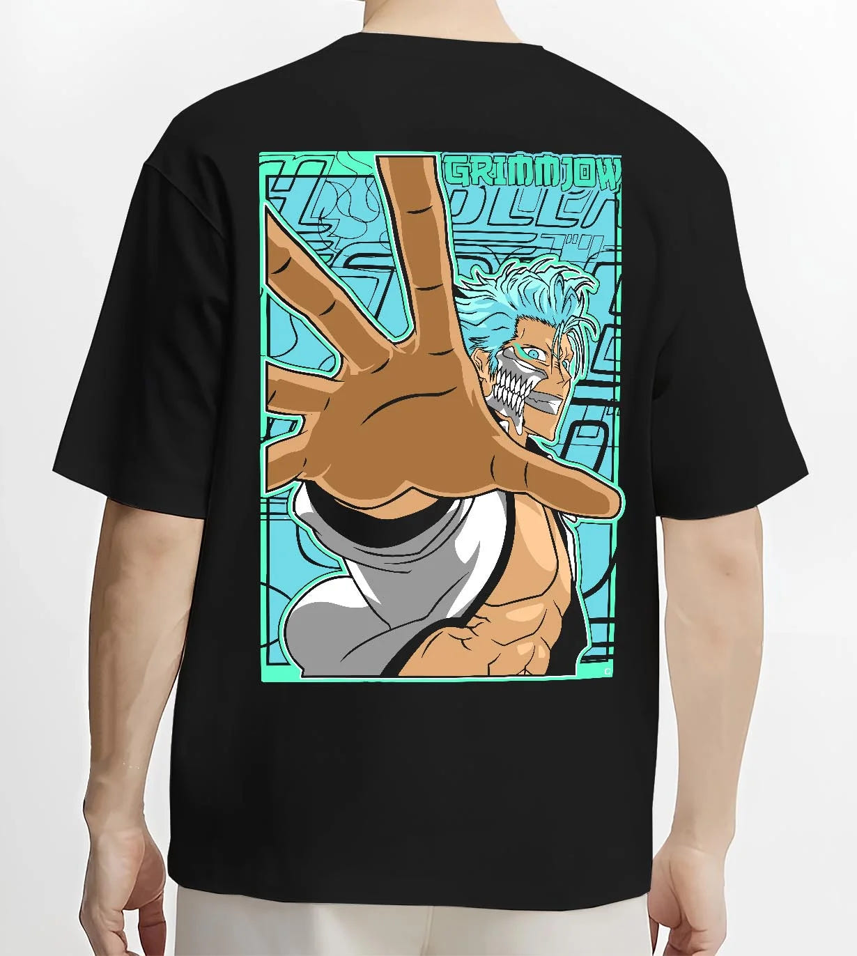 Black T-shirt worn by male model, back view with Bleach Hoodie Grimmjow Jaegerjaquez Panther Jumper graphic bold anime graphic.