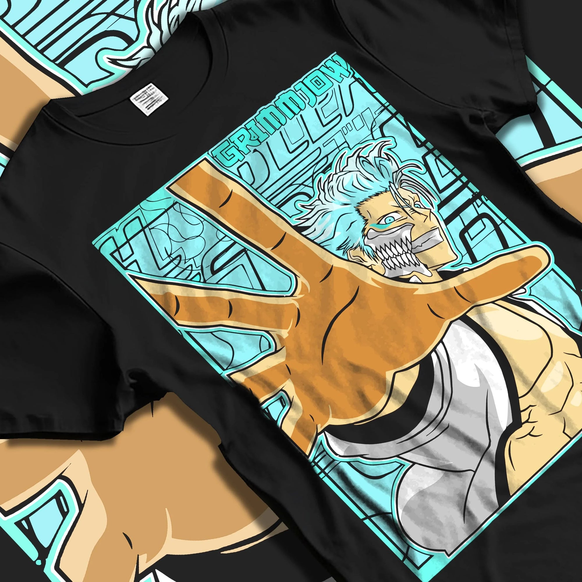 Black T-shirt laid flat with natural folds with Bleach Hoodie Grimmjow Jaegerjaquez Panther Jumper graphic premium wear.