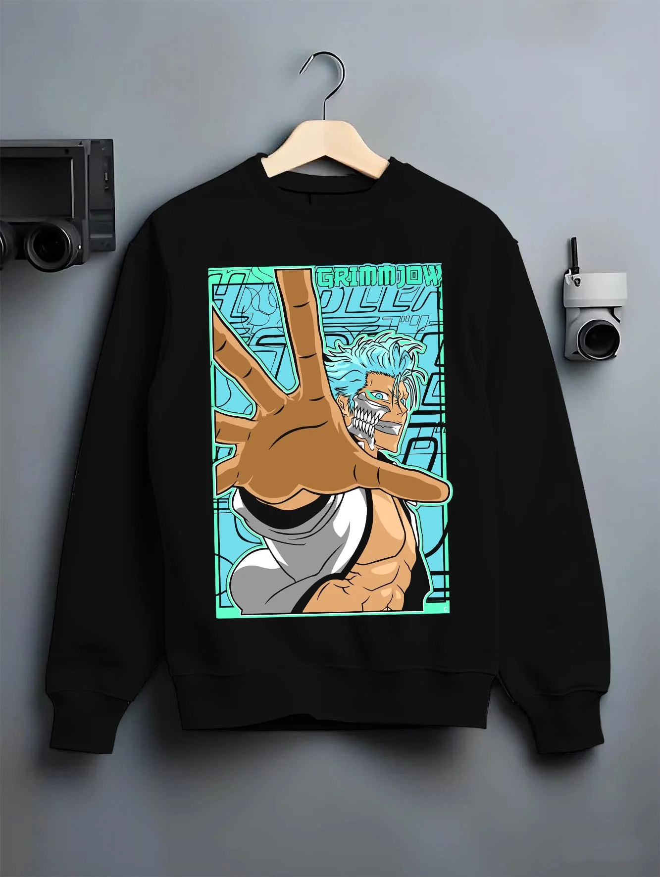 Black crewneck sweatshirt on hanger with Bleach Hoodie Grimmjow Jaegerjaquez Panther Jumper graphic streetwear graphic.