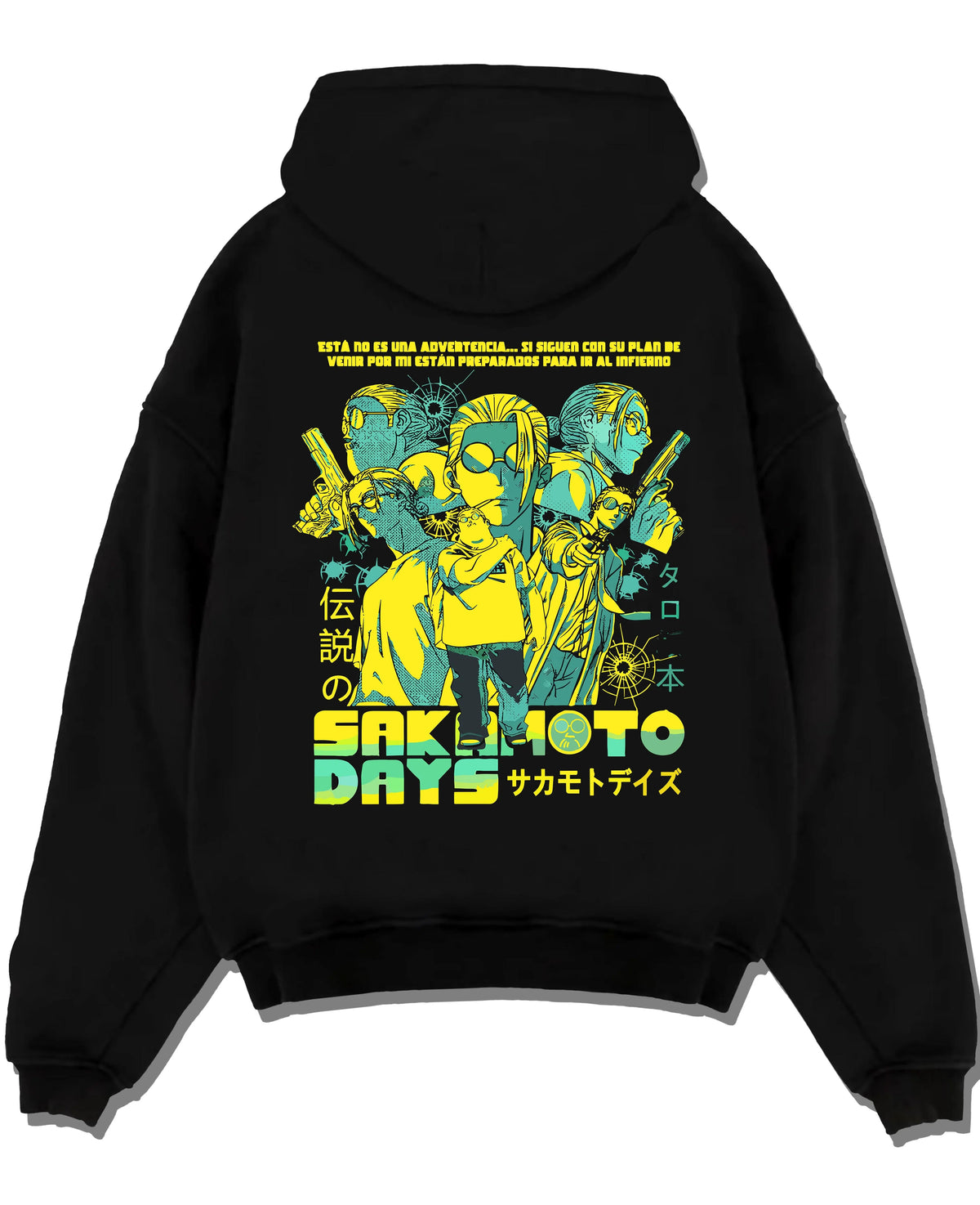 Black hoodie laid flat featuring Sakamoto Days trio action artwork.