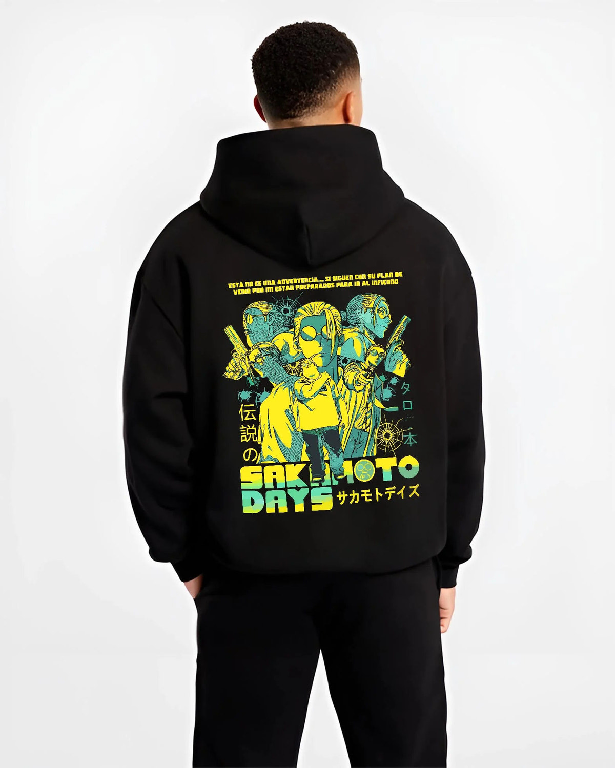 Black hoodie worn by male model from the back featuring Sakamoto Days trio action artwork.