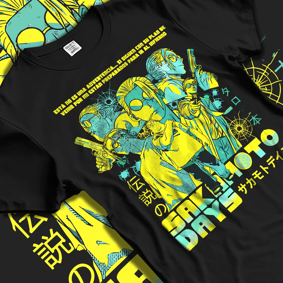 Black T-shirt laid flat with natural folds featuring Sakamoto Days trio action artwork.