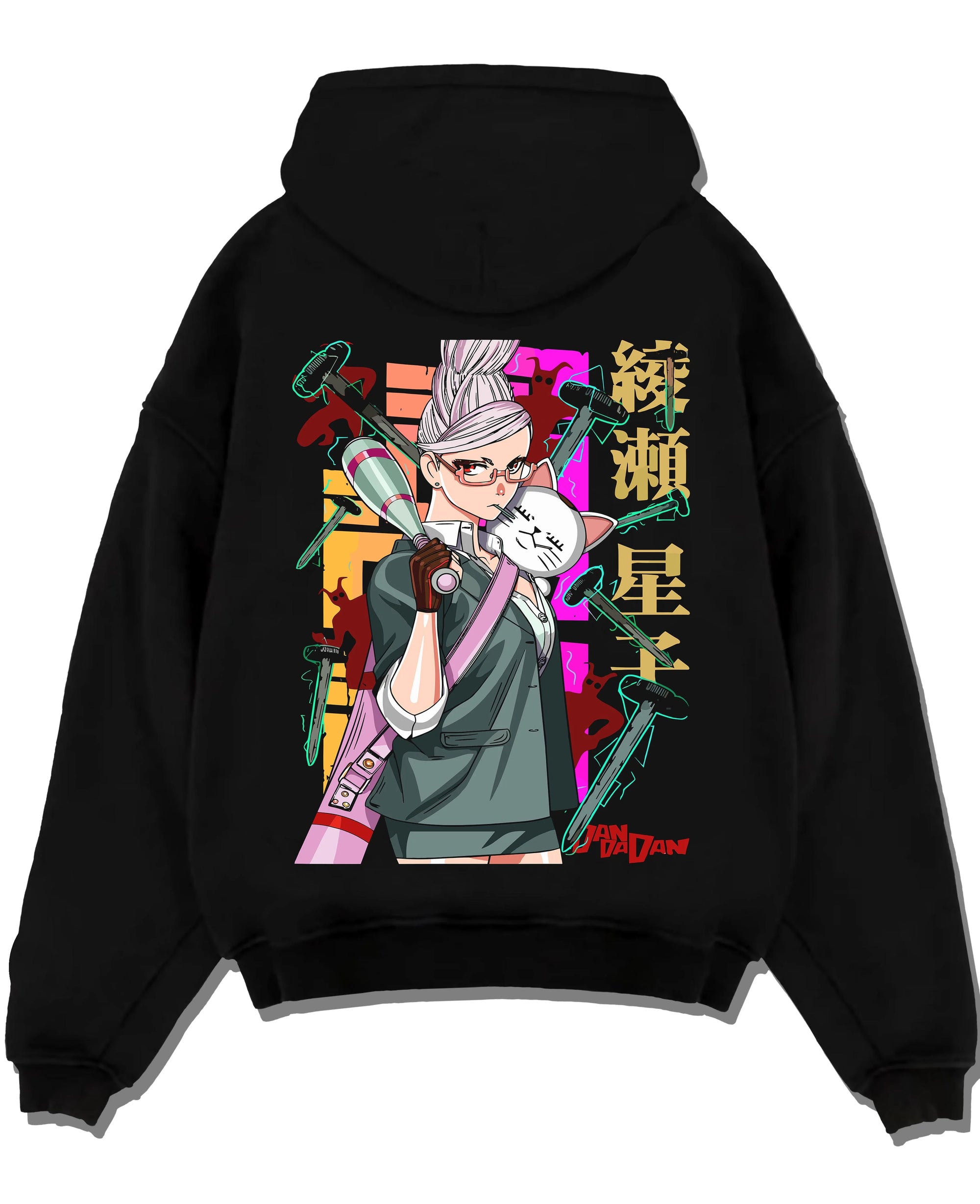 Black pullover hoodie laid flat on a white background, featuring Aira Shiratori Dandadan anime poster inspired hammer and cat retro streetwear graphic.