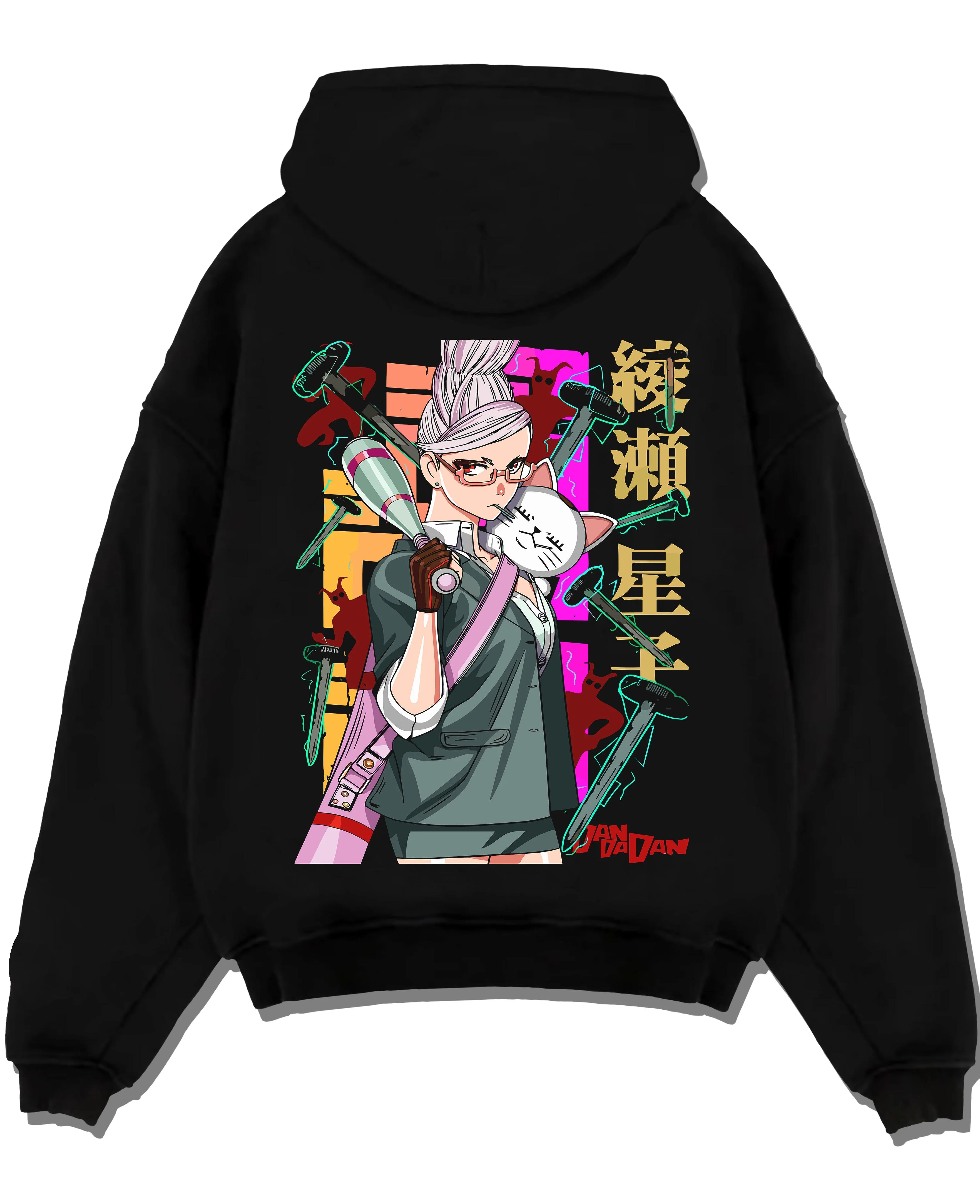 Black pullover hoodie laid flat on a white background, featuring Aira Shiratori Dandadan anime poster inspired hammer and cat retro streetwear graphic.