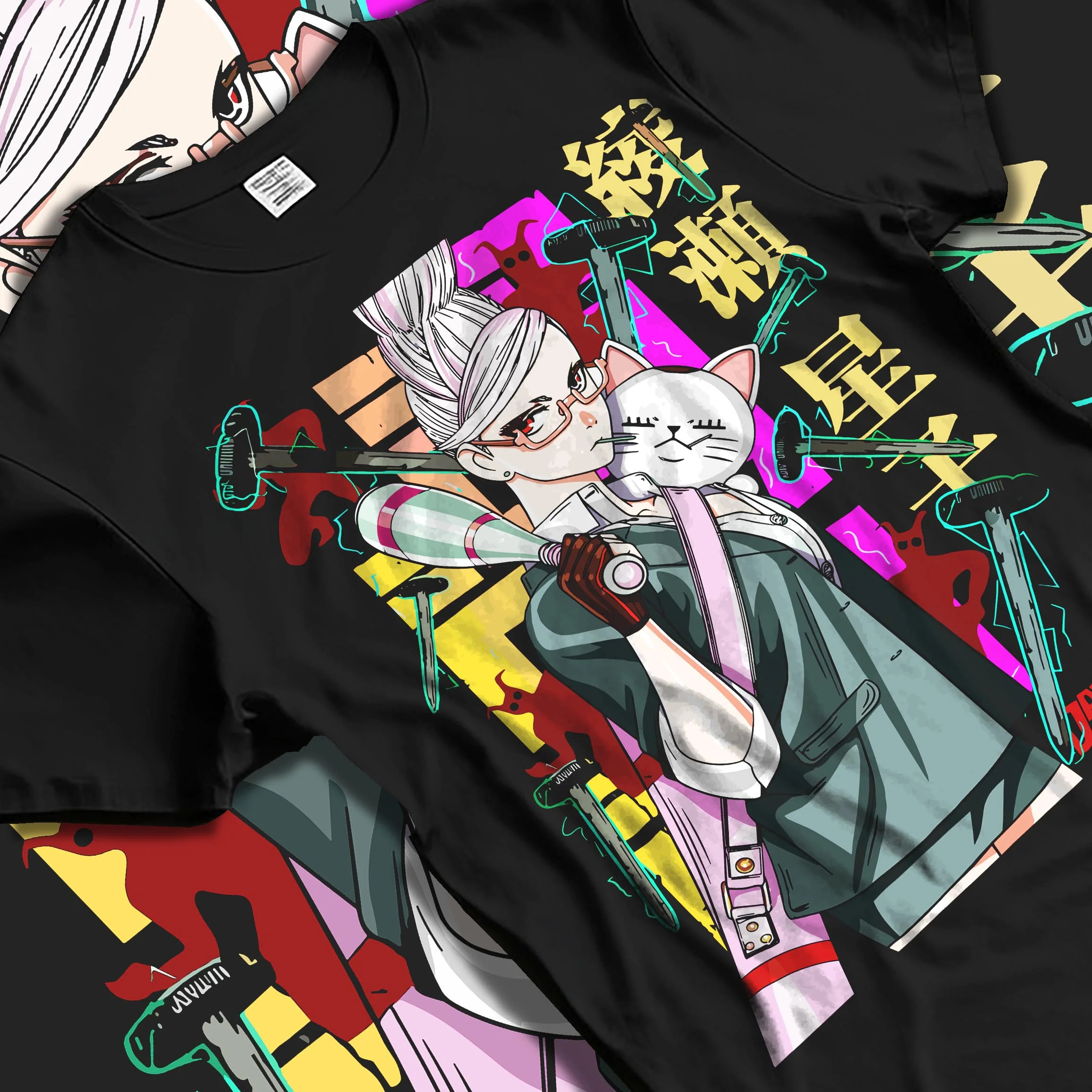 Black T-shirt laid flat with natural folds, featuring nostalgic 90s inspired Dandadan graphic design of Aira Shiratori with hammer and cat.