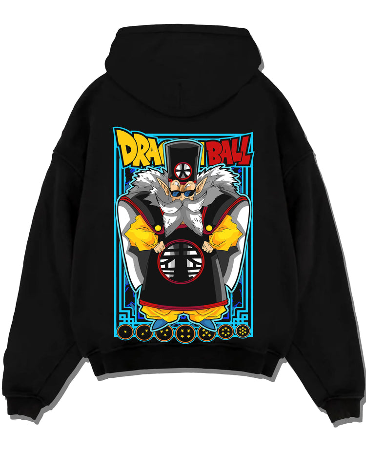 Black pullover hoodie laid flat with Dragon Ball Z Hoodie Dr Gero Android Creator Jumper graphic streetwear graphic.