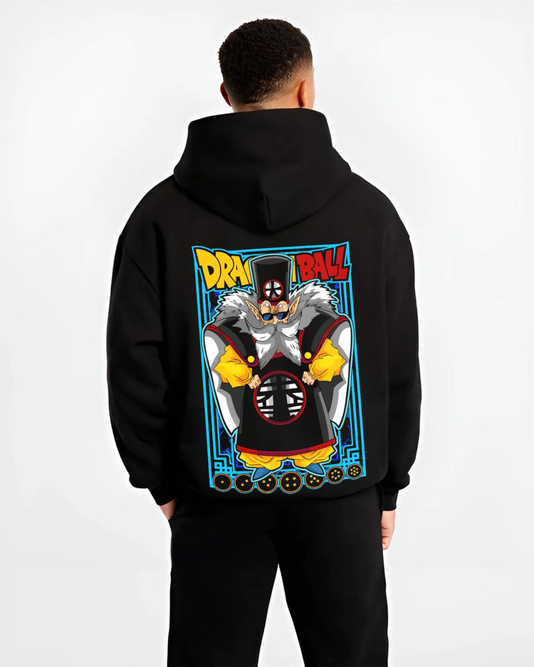 Black hoodie worn by male model, back view with Dragon Ball Z Hoodie Dr Gero Android Creator Jumper graphic premium wear.