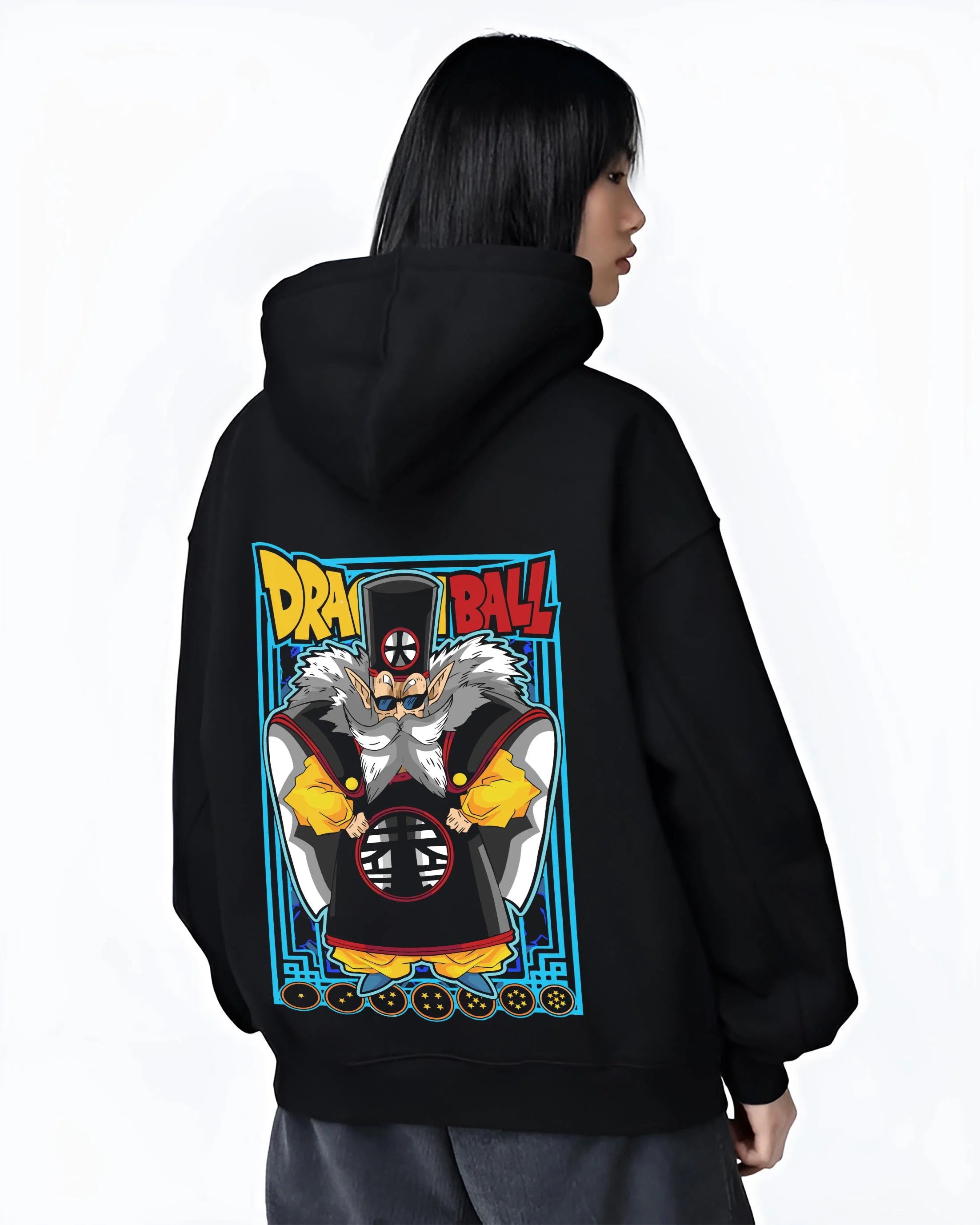 Black hoodie worn by female model, back view with Dragon Ball Z Hoodie Dr Gero Android Creator Jumper graphic bold anime graphic.
