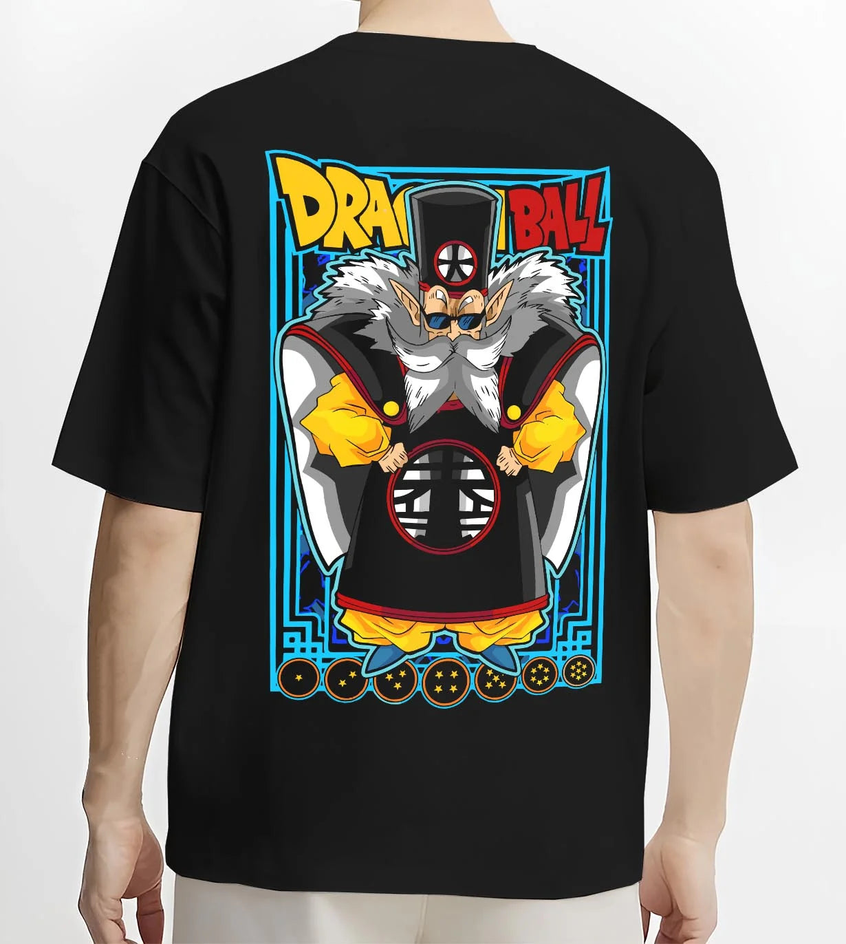 Black T-shirt worn by male model, back view with Dragon Ball Z Hoodie Dr Gero Android Creator Jumper graphic premium wear.