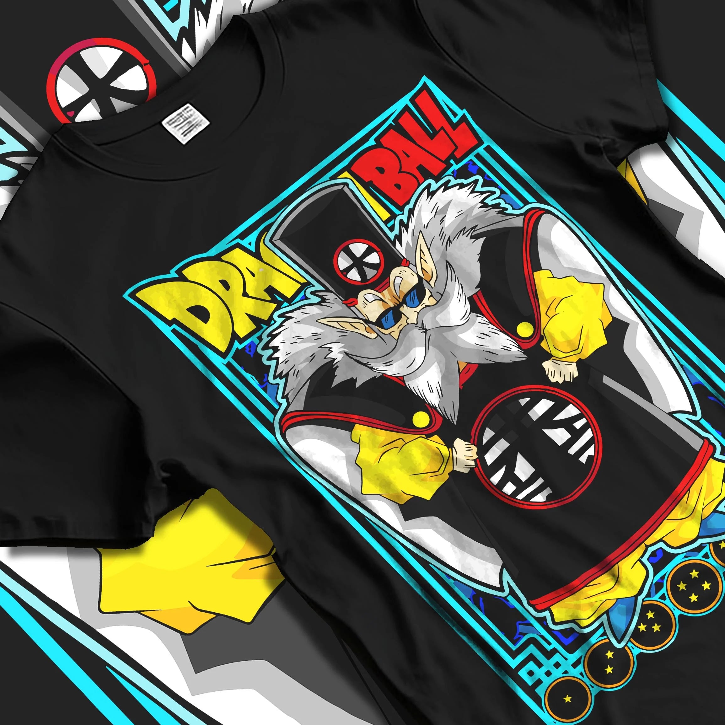 Black T-shirt laid flat with natural folds with Dragon Ball Z Hoodie Dr Gero Android Creator Jumper graphic streetwear graphic.