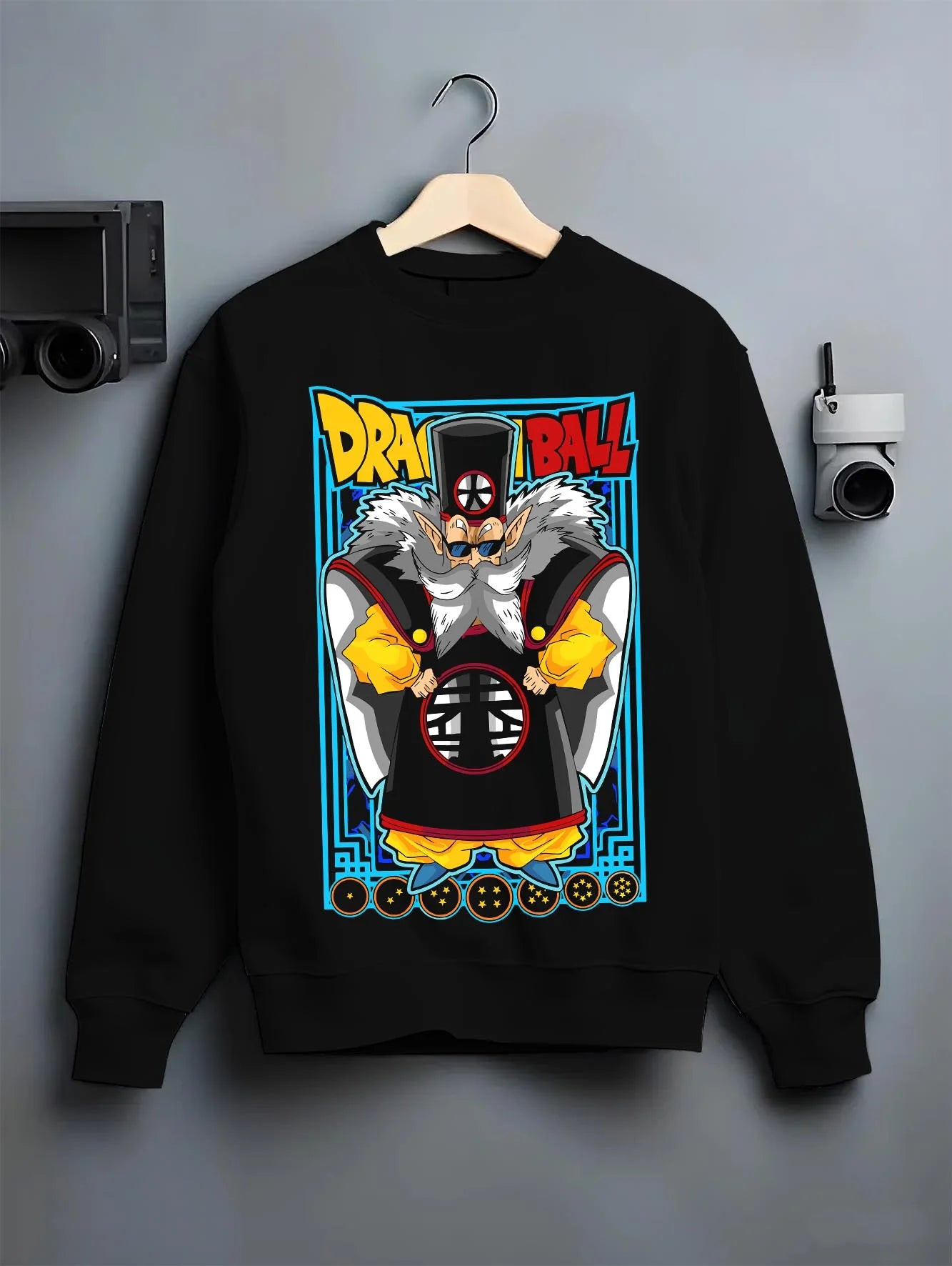 Black crewneck sweatshirt on hanger with Dragon Ball Z Hoodie Dr Gero Android Creator Jumper graphic streetwear graphic.