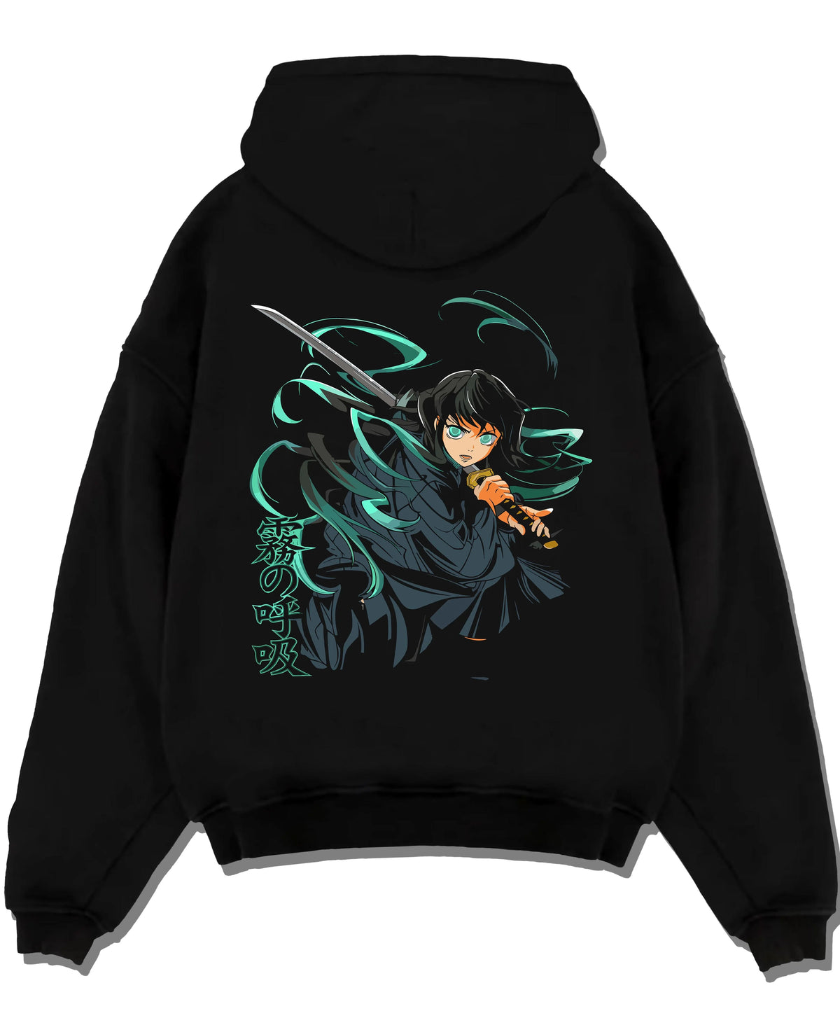 Black hoodie laid flat featuring Muichiro Tokito Mist Hashira sword artwork.