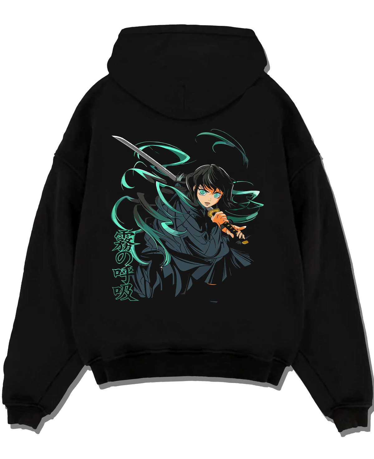 Black hoodie laid flat featuring Muichiro Tokito Mist Hashira sword artwork.