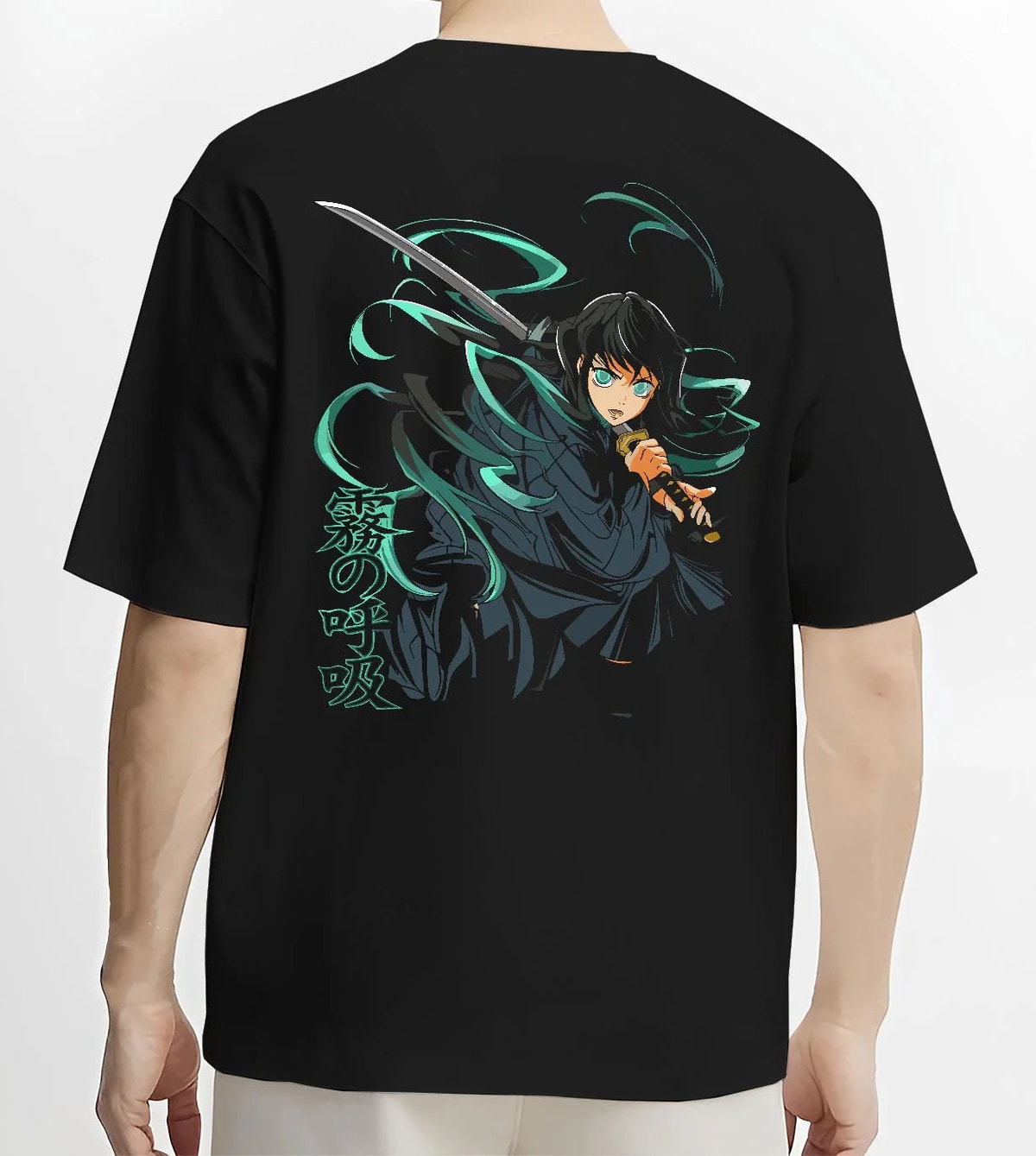 Black T-shirt worn by male model from the back featuring Muichiro Tokito Mist Hashira sword artwork.
