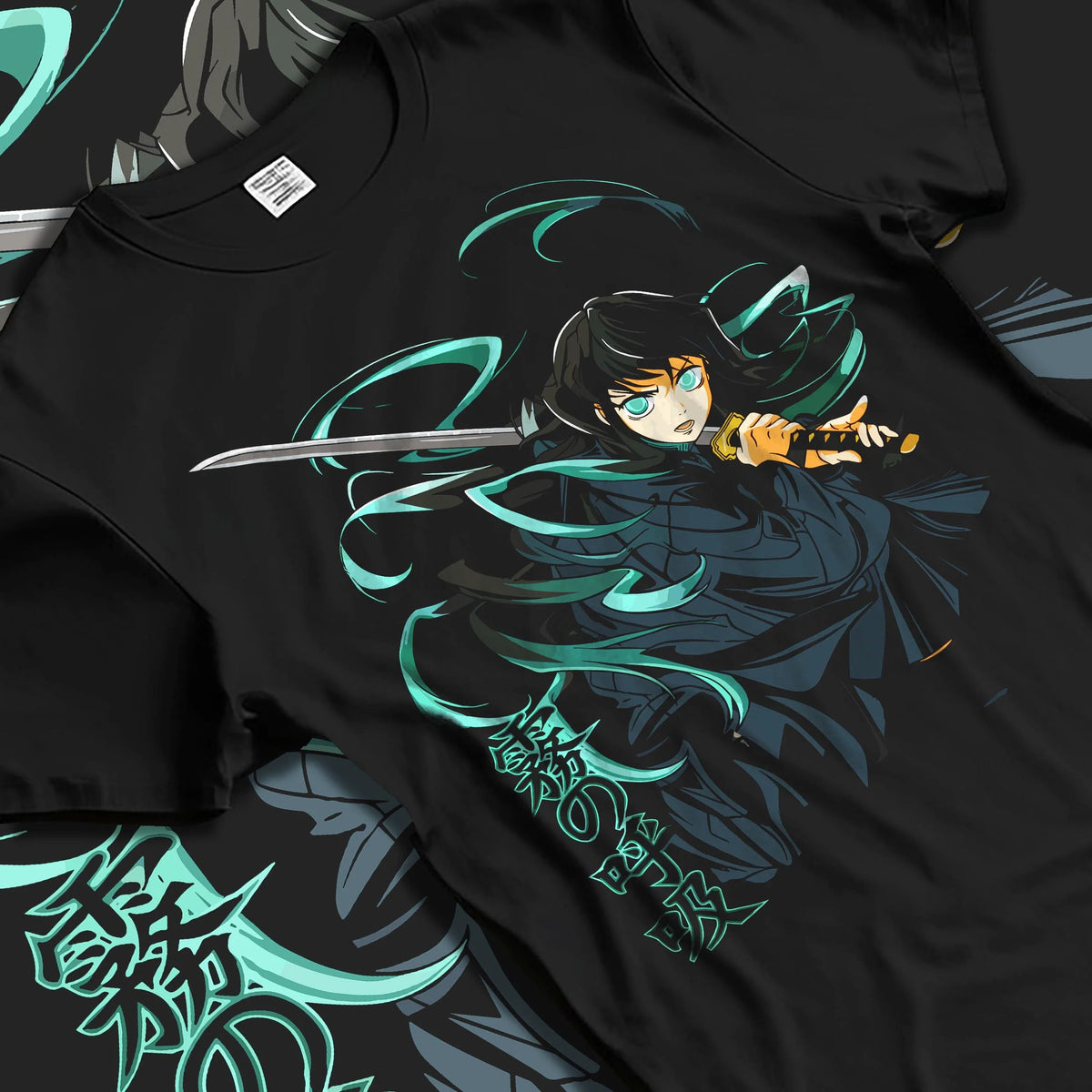 Black T-shirt laid flat with natural folds featuring Muichiro Tokito Mist Hashira sword artwork.