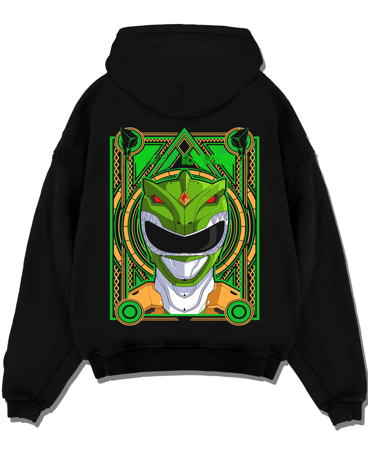 Black pullover hoodie laid flat with Power Rangers Hoodie Green Ranger Legacy Jumper graphic premium wear.
