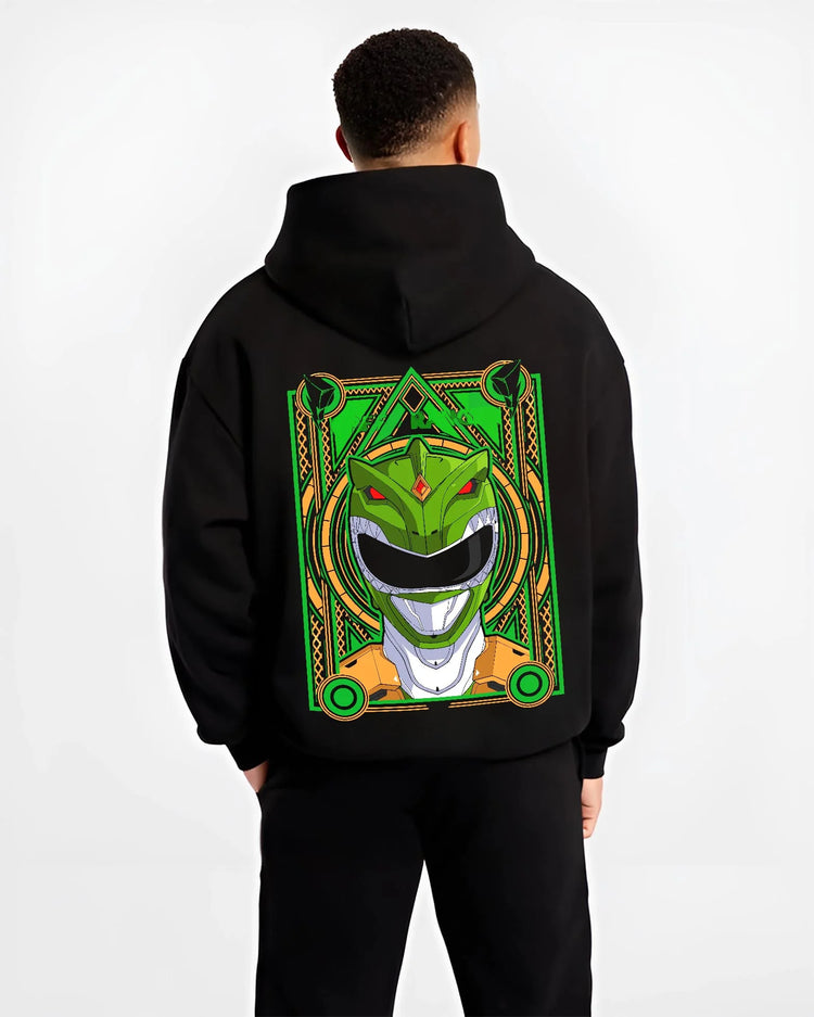 Black hoodie worn by male model, back view with Power Rangers Hoodie Green Ranger Legacy Jumper graphic streetwear graphic.