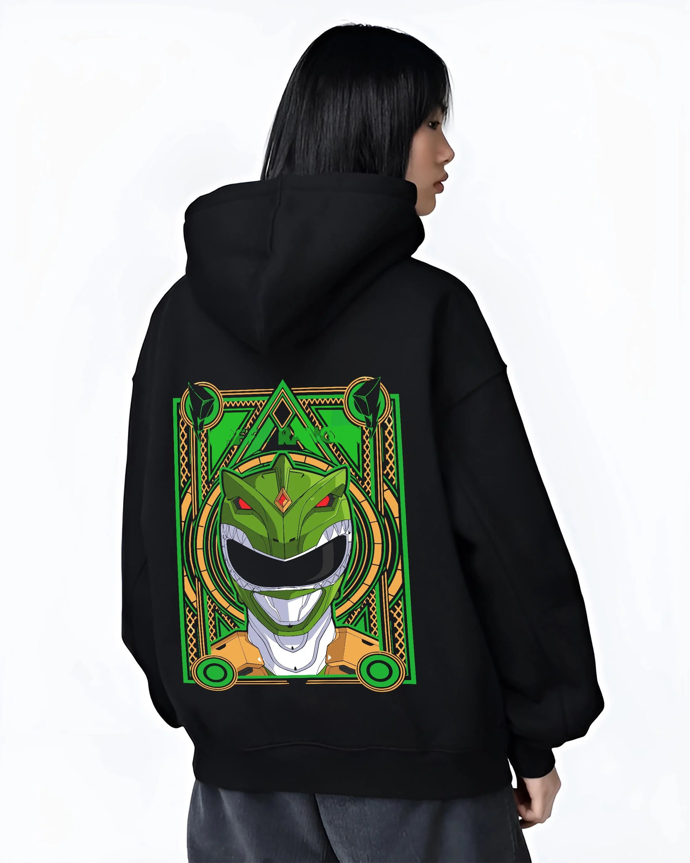 Black hoodie worn by female model, back view with Power Rangers Hoodie Green Ranger Legacy Jumper graphic bold anime graphic.