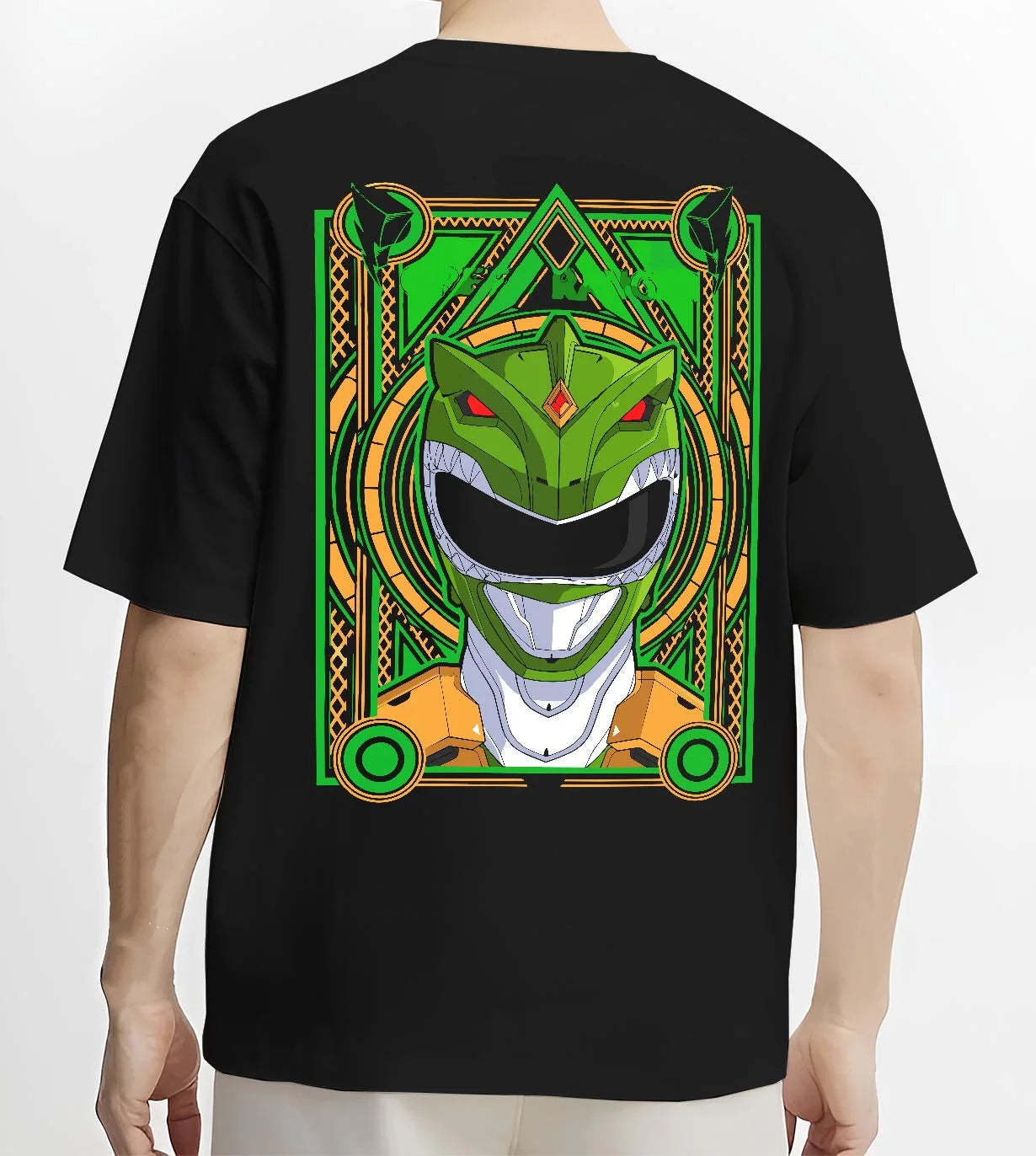 Black T-shirt worn by male model, back view with Power Rangers Hoodie Green Ranger Legacy Jumper graphic premium wear.