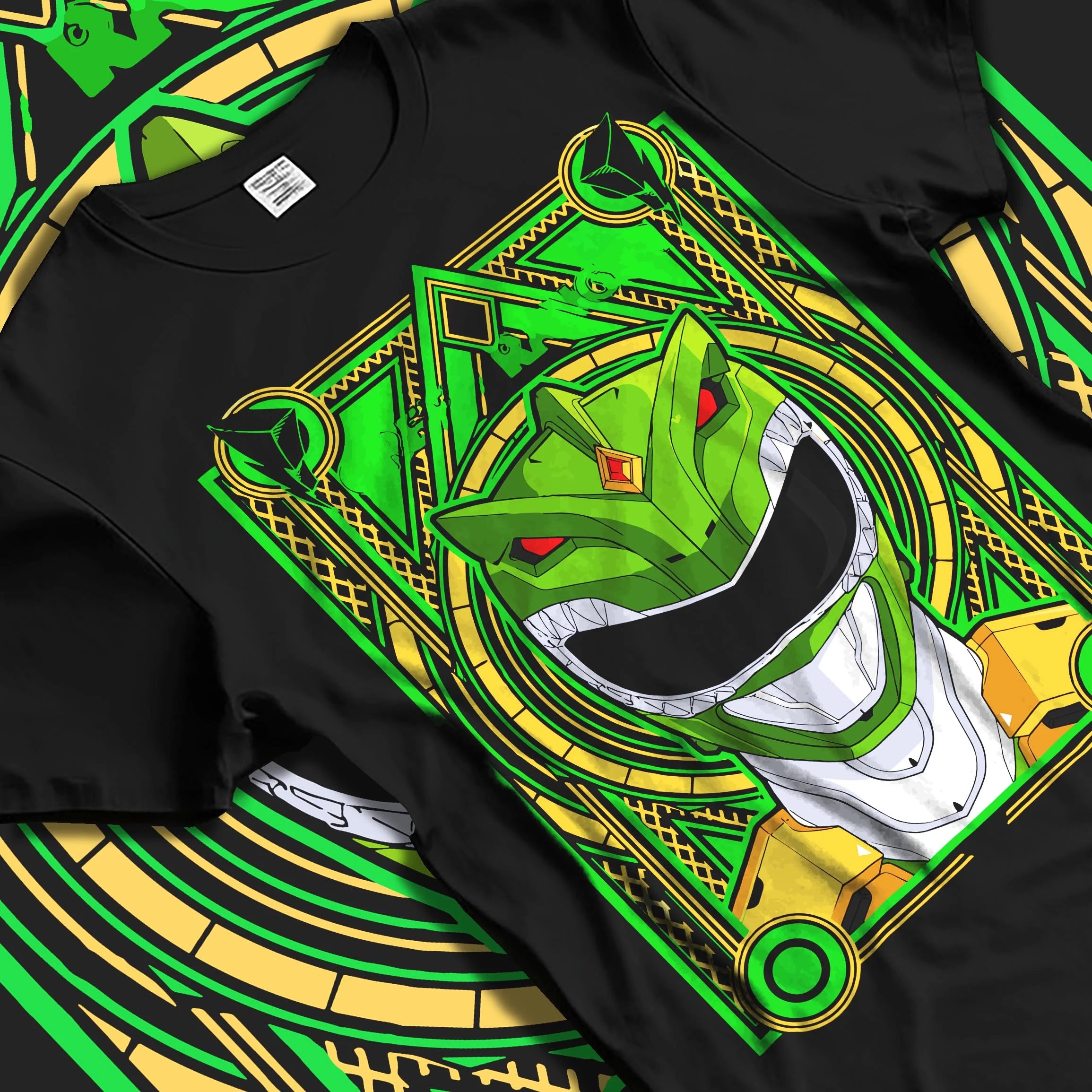 Black T-shirt laid flat with natural folds with Power Rangers Hoodie Green Ranger Legacy Jumper graphic bold anime graphic.