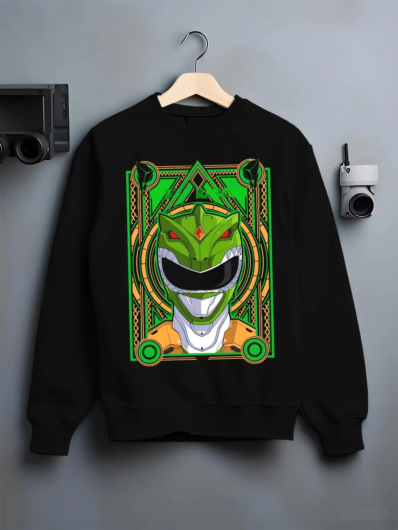 Black crewneck sweatshirt on hanger with Power Rangers Hoodie Green Ranger Legacy Jumper graphic streetwear graphic.