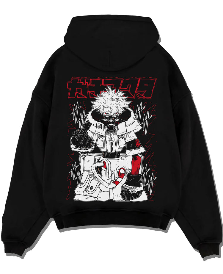 Black pullover hoodie laid flat on white background, featuring Rudo Gachiakuta dark manga panel artwork with gritty streetwear battle aesthetic.