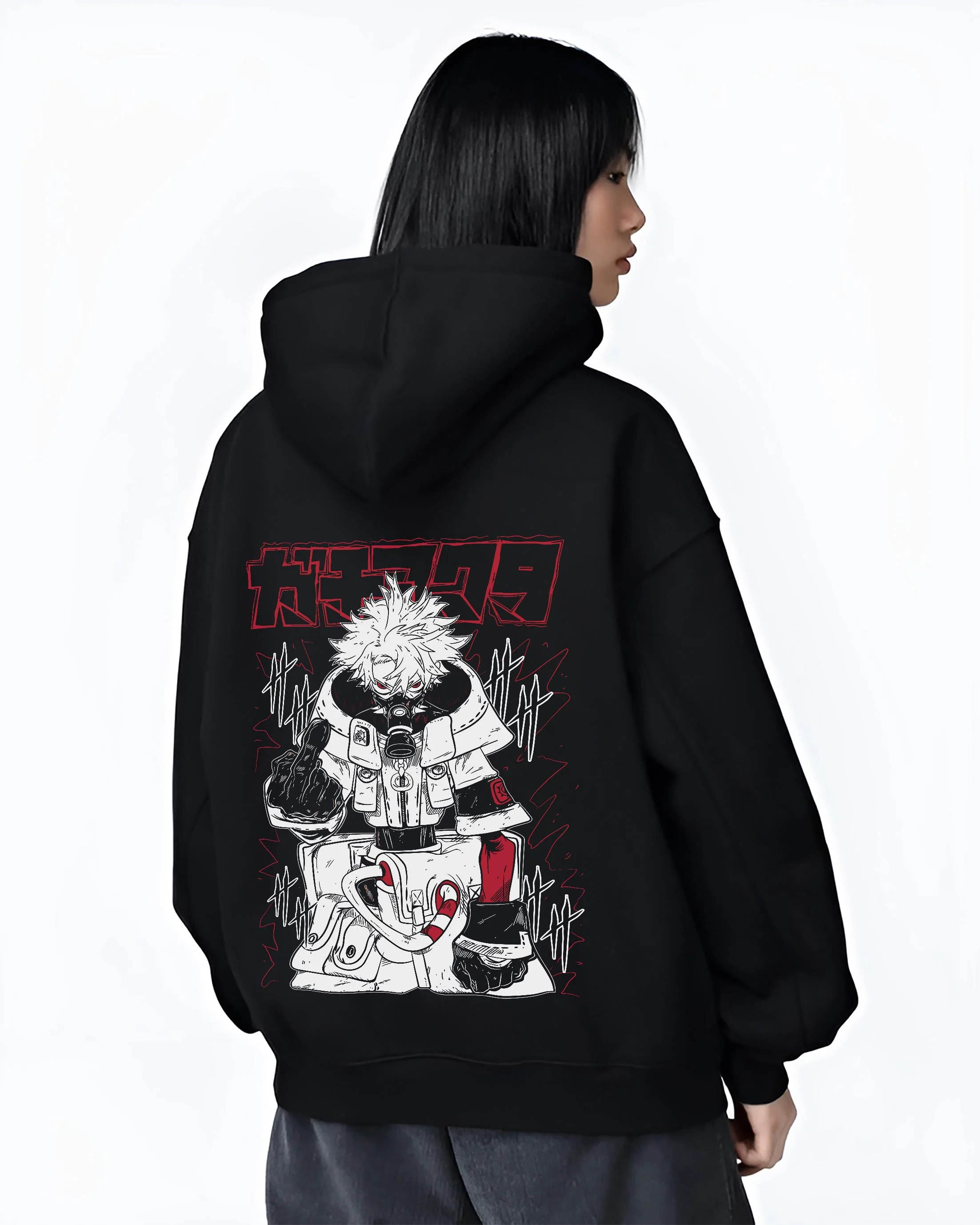 Black hoodie worn by female model, back view, featuring Rudo from Gachiakuta in retro streetwear graphic style with anime poster inspired artwork.