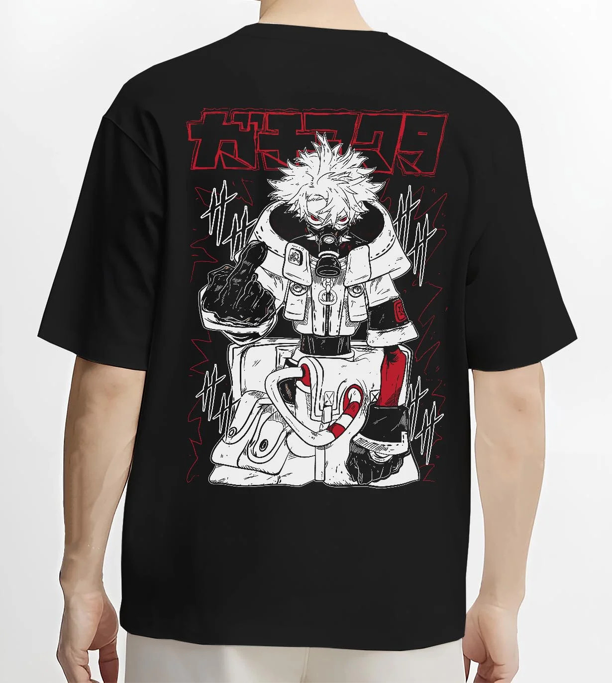 Black T-shirt worn by male model, back view, highlighting Rudo Gachiakuta shonen battle character artwork in cyberpunk anime aesthetic design.