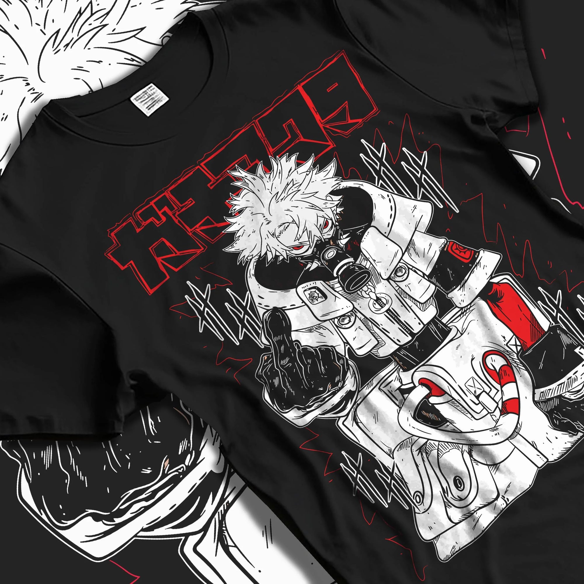 Black T-shirt laid flat with natural folds, featuring Rudo Gachiakuta cult classic manga inspired design in nostalgic 90s anime streetwear artwork.