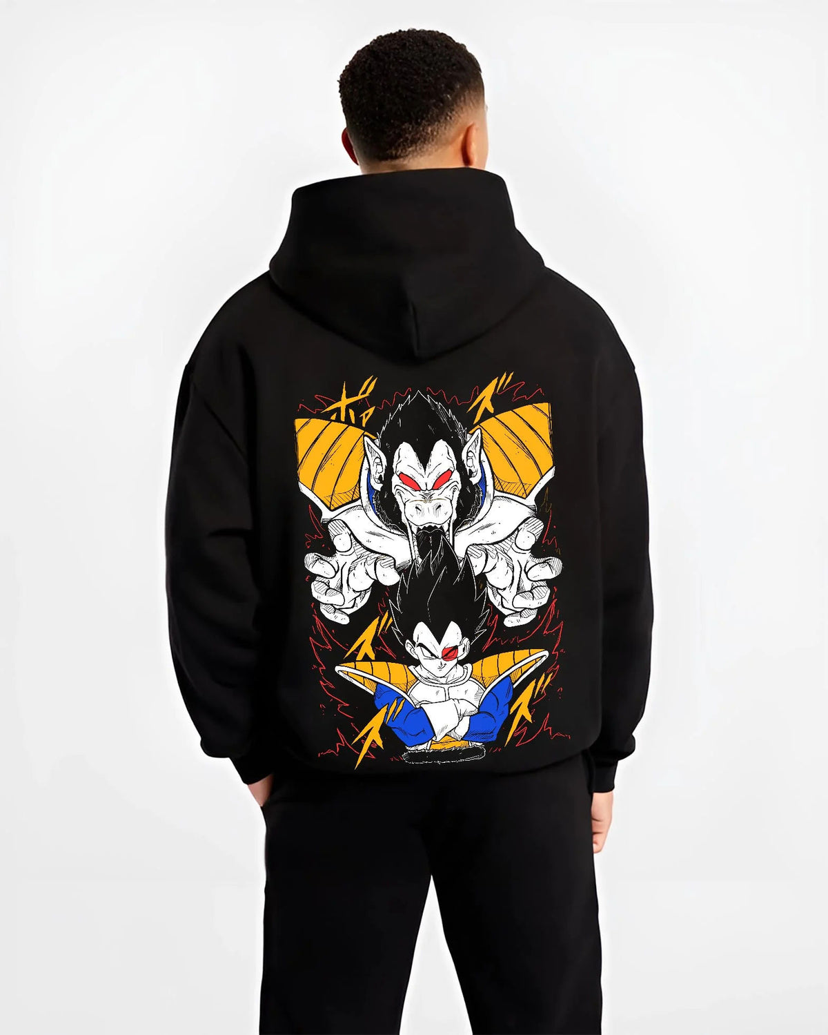 Black hoodie worn by male model from the back featuring Saiyan Great Ape transformation artwork.