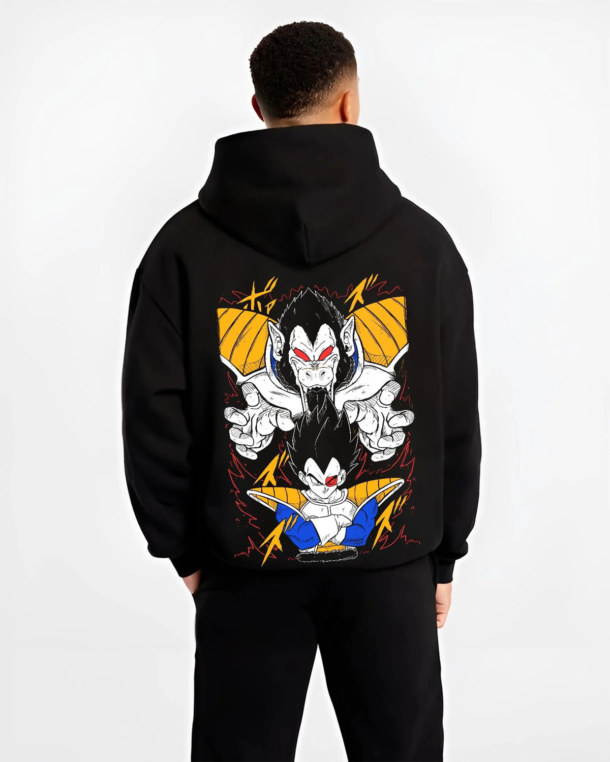 Black hoodie worn by male model from the back featuring Saiyan Great Ape transformation artwork.