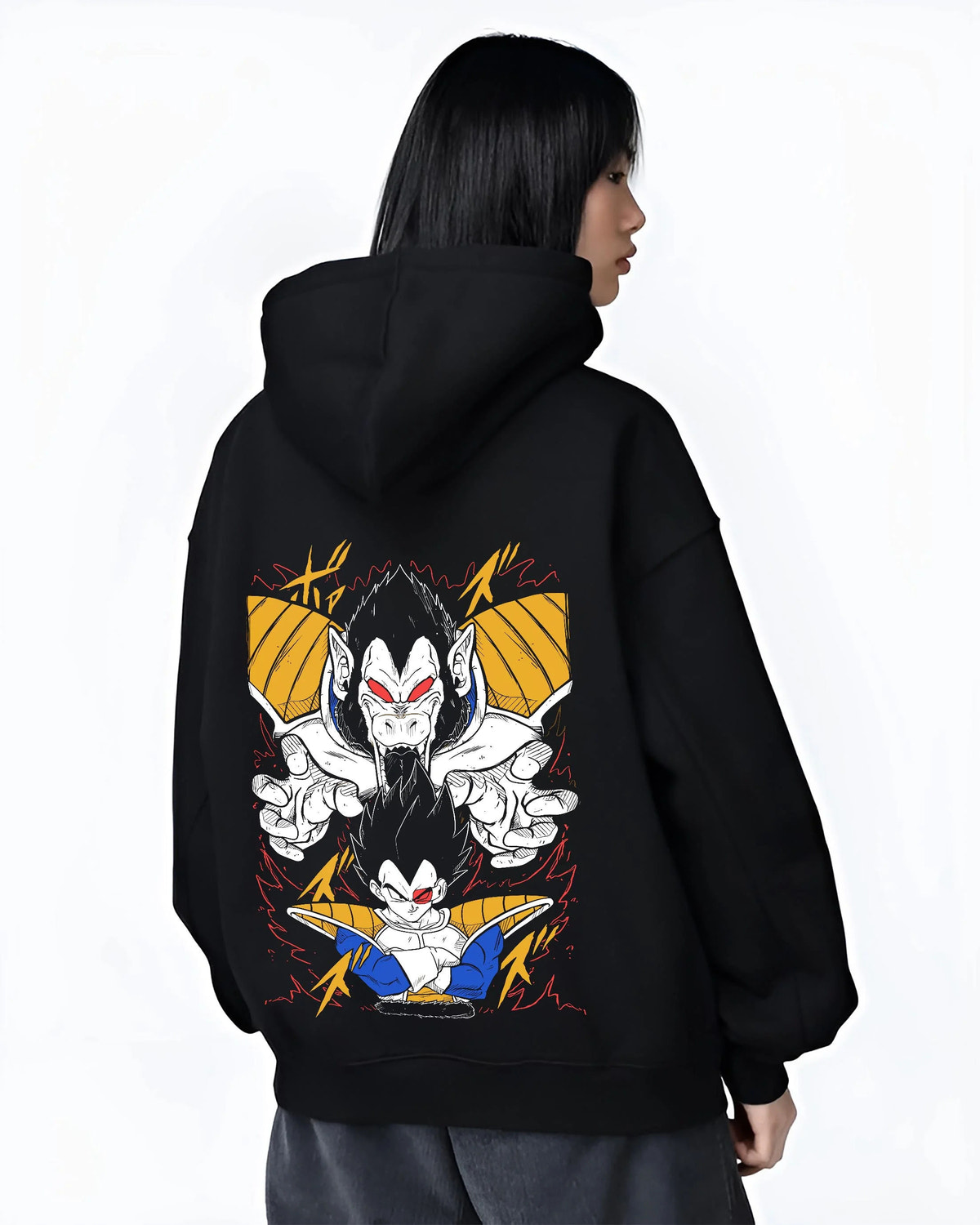 Black hoodie worn by female model from the back featuring Saiyan Great Ape transformation artwork.