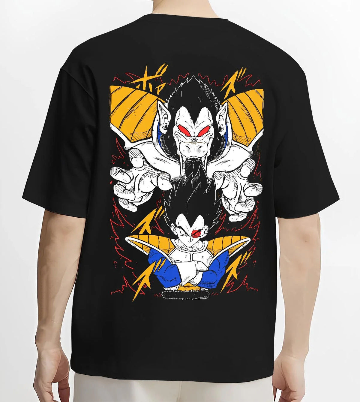 Black T-shirt worn by male model from the back featuring Saiyan Great Ape transformation artwork.