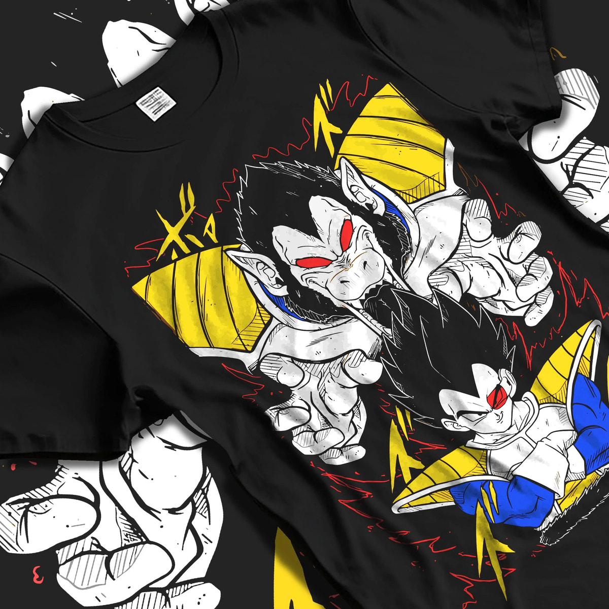 Black T-shirt laid flat with natural folds featuring Saiyan Great Ape transformation artwork.