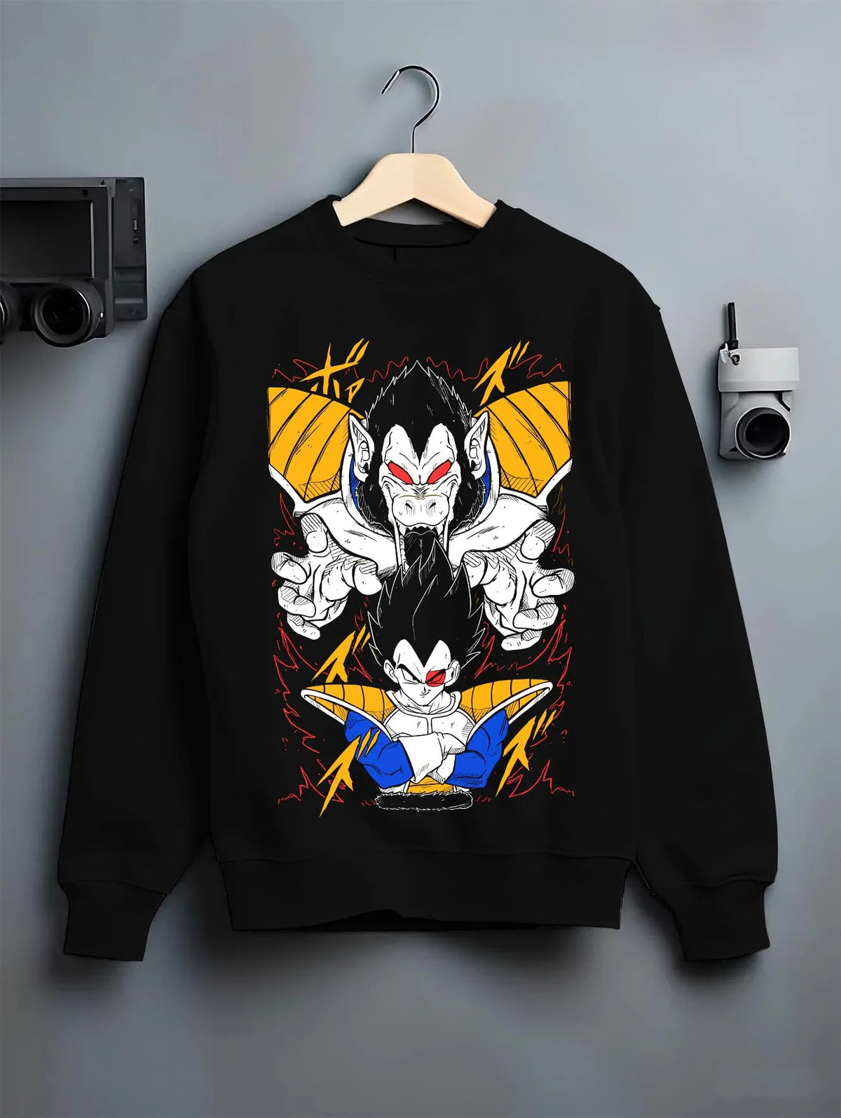 Black crewneck sweatshirt on hanger featuring Saiyan Great Ape transformation artwork.
