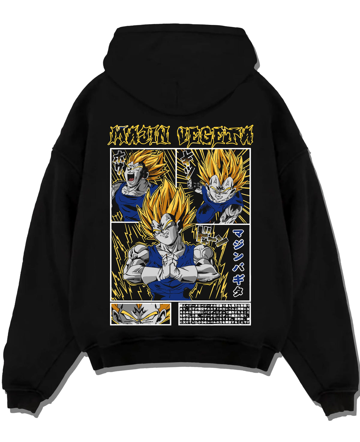 Black hoodie laid flat featuring Vegeta Saiyan armour battle artwork.