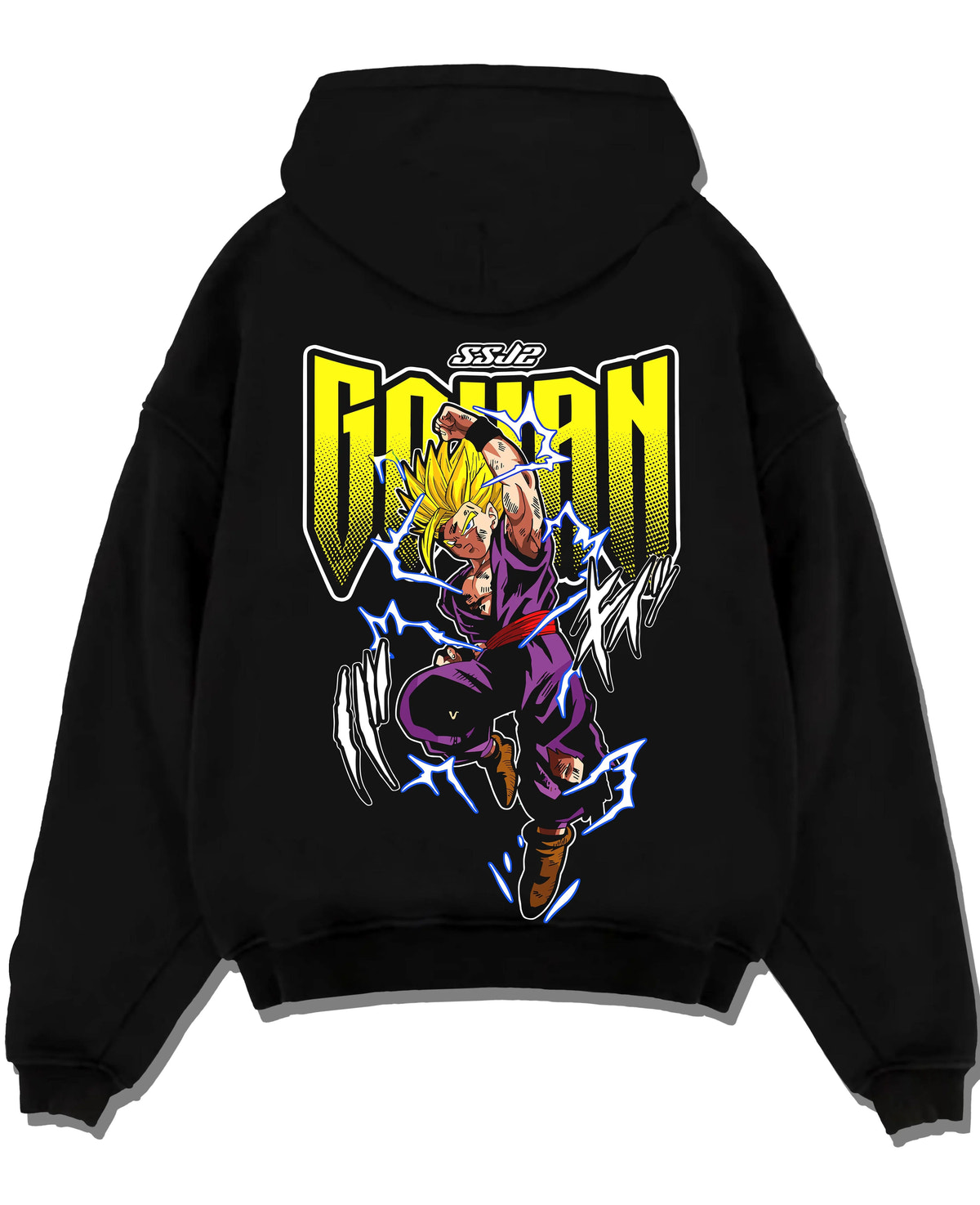 Black hoodie laid flat featuring Gohan Super Hero Saiyan lightning artwork.