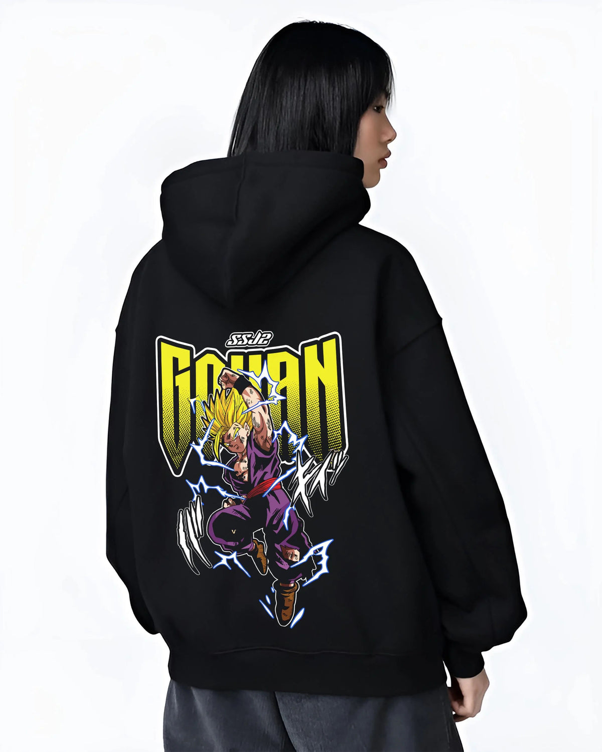 Black hoodie worn by female model from the back featuring Gohan Super Hero Saiyan lightning artwork.