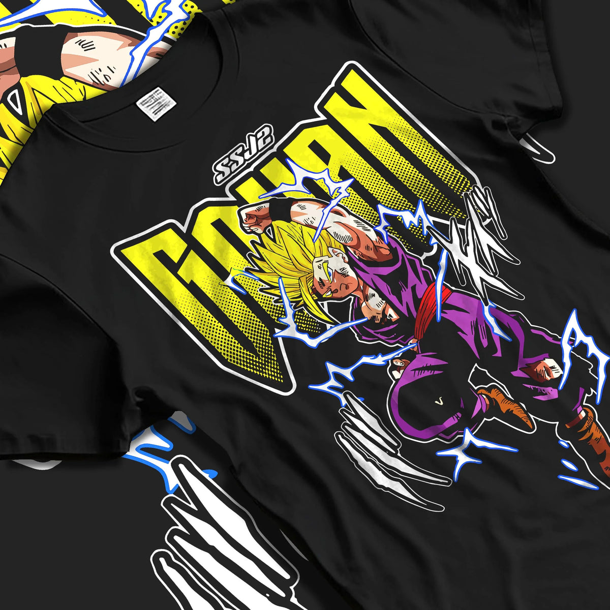 Black T-shirt laid flat with natural folds featuring Gohan Super Hero Saiyan lightning artwork.