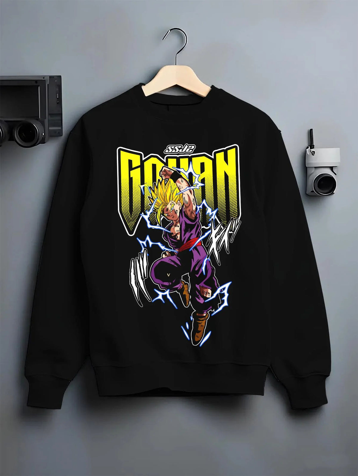 Black crewneck sweatshirt on hanger featuring Gohan Super Hero Saiyan lightning artwork.