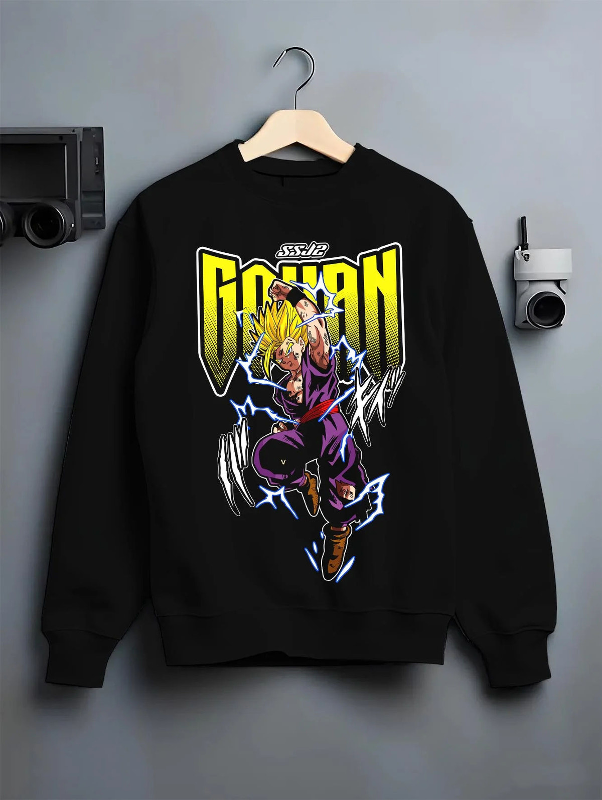 Black crewneck sweatshirt on hanger featuring Gohan Super Hero Saiyan lightning artwork.