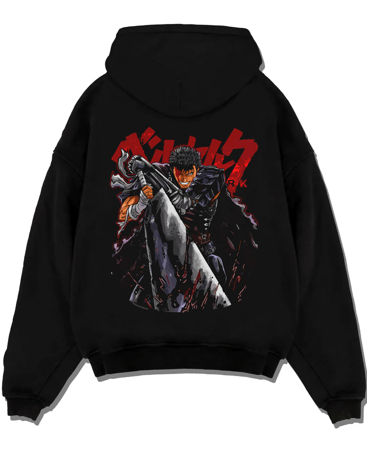 Black pullover hoodie laid flat with Guts Berserk Warrior Hoodie Dark Fantasy Retro Anime graphic Guts themed artwork.