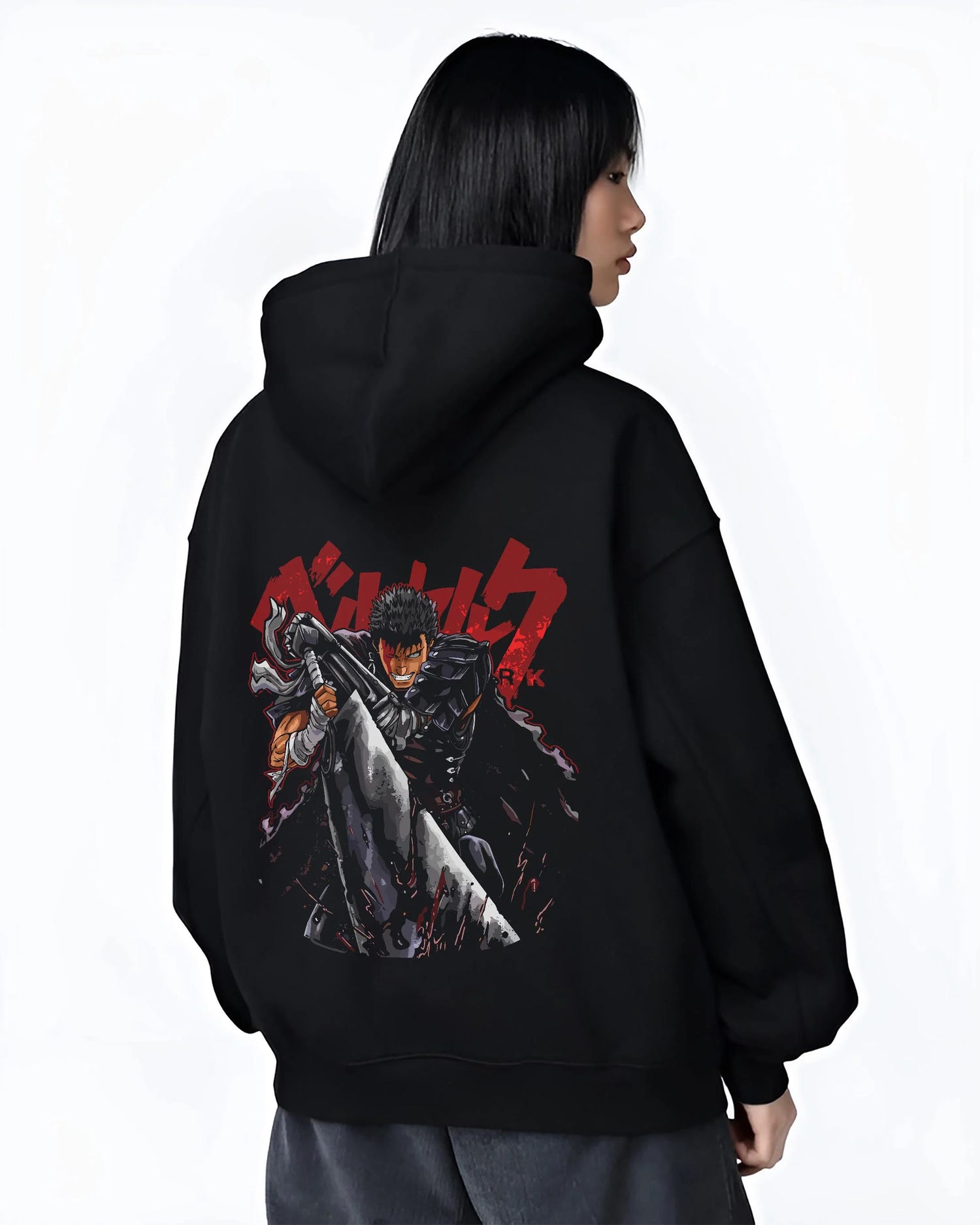 Black hoodie worn by female model, back view with Guts Berserk Warrior Hoodie Dark Fantasy Retro Anime graphic Guts themed artwork.